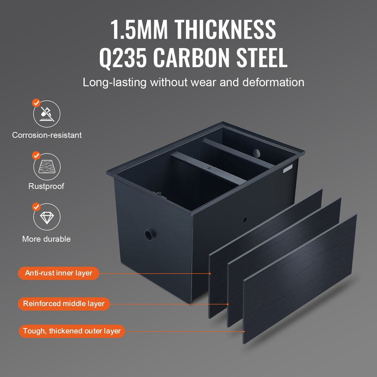 Commercial Grease Trap, 30 LBS Grease Interceptor, Side Inlet Interceptor, Under Sink Carbon Steel Grease Trap, 10.8 GPM Waste Water Oil-water Separator, for Restaurant Canteen Home Kitchen