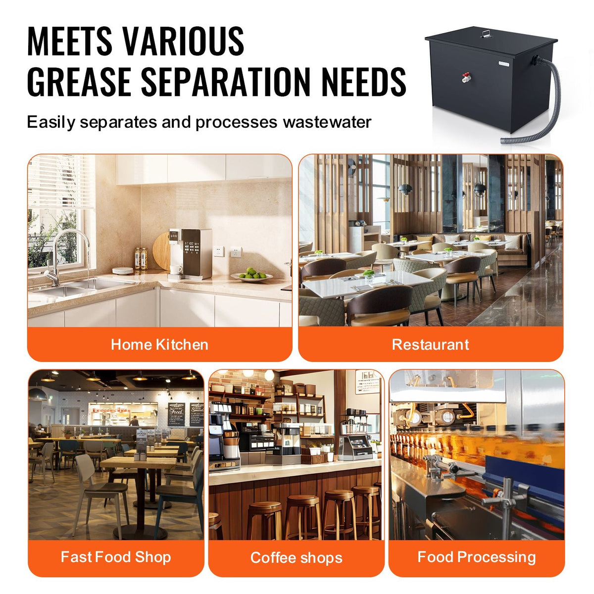 Commercial Grease Trap, 30 LBS Grease Interceptor, Side Inlet Interceptor, Under Sink Carbon Steel Grease Trap, 10.8 GPM Waste Water Oil-water Separator, for Restaurant Canteen Home Kitchen