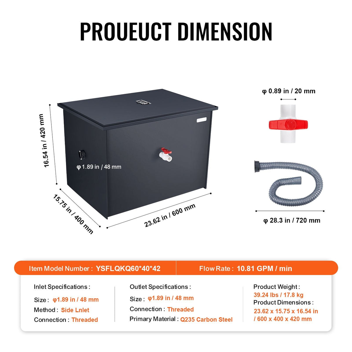 Commercial Grease Trap, 30 LBS Grease Interceptor, Side Inlet Interceptor, Under Sink Carbon Steel Grease Trap, 10.8 GPM Waste Water Oil-water Separator, for Restaurant Canteen Home Kitchen