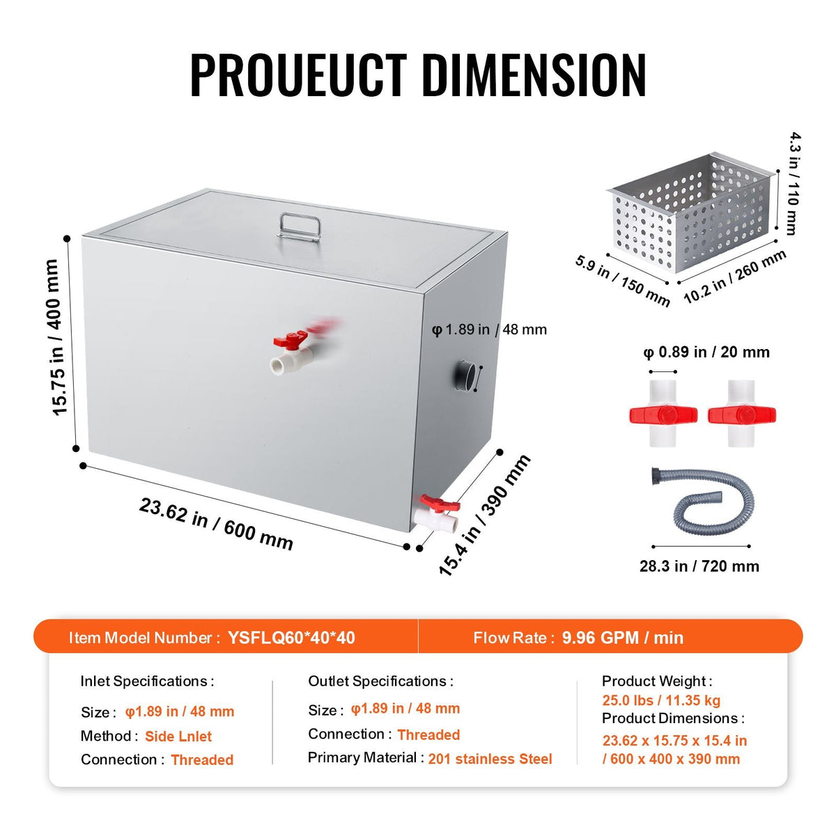 Commercial Grease Trap, 40 LBS Grease Interceptor, Side Inlet Interceptor, Under Sink Stainless Steel Grease Trap, 10 GPM Waste Water Oil-water Separator, for Restaurant Canteen Home Kitchen