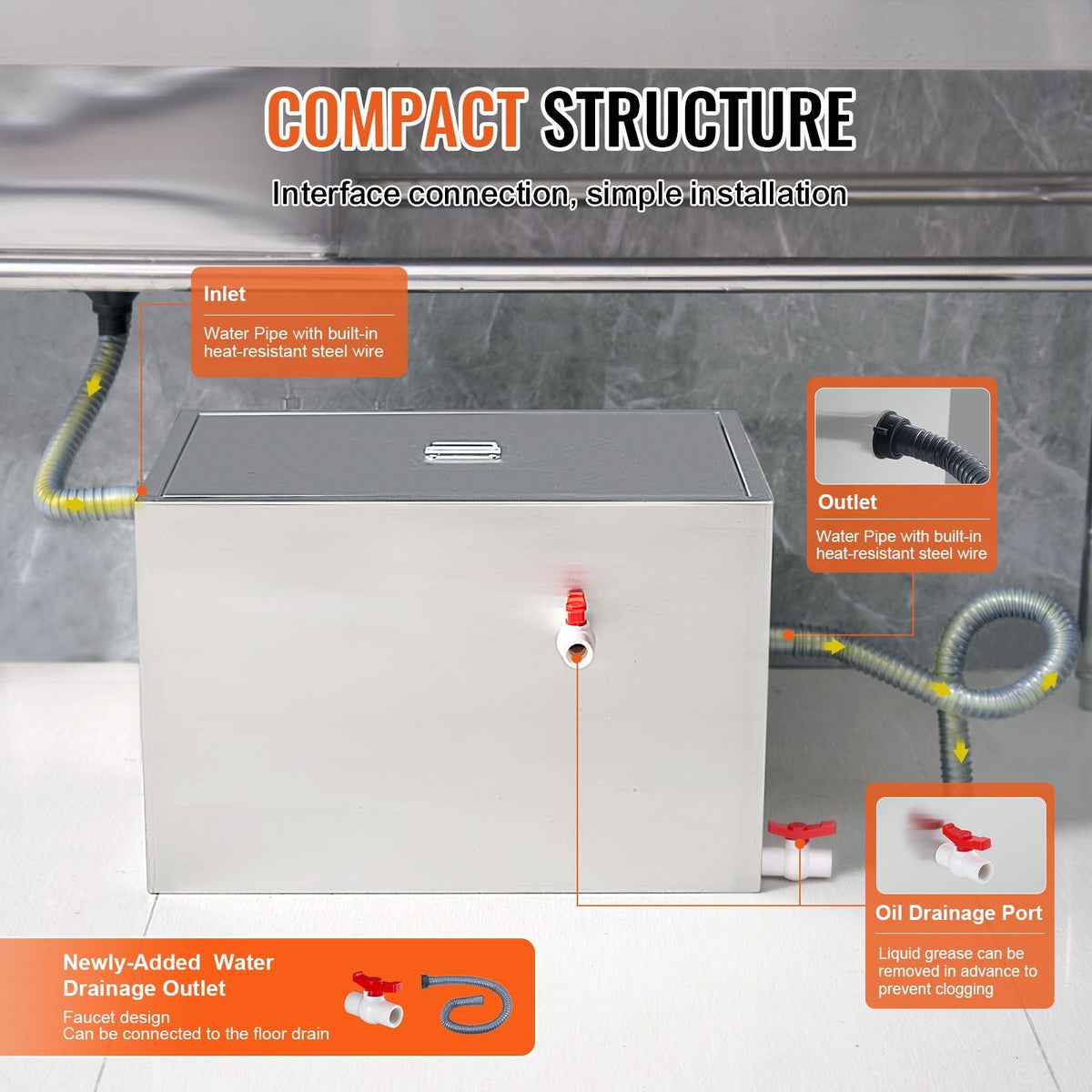 Commercial Grease Trap, 40 LBS Grease Interceptor, Side Inlet Interceptor, Under Sink Stainless Steel Grease Trap, 10 GPM Waste Water Oil-water Separator, for Restaurant Canteen Home Kitchen