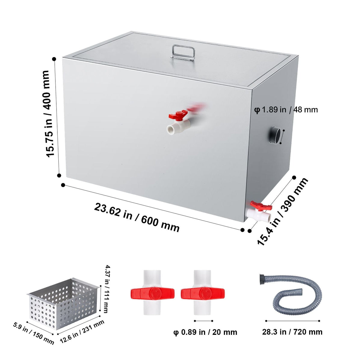 Commercial Grease Trap, 40 LBS Grease Interceptor, Side Inlet Interceptor, Under Sink Stainless Steel Grease Trap, 10 GPM Waste Water Oil-water Separator, for Restaurant Canteen Home Kitchen