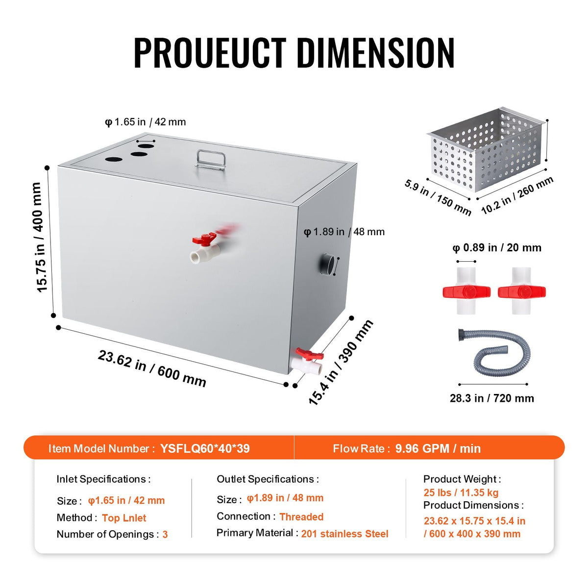 Commercial Grease Trap, 40 LBS Grease Interceptor, Top Inlet Interceptor, Under Sink Stainless Steel Grease Trap, 10 GPM Waste Water Oil-water Separator, for Restaurant Canteen Home Kitchen