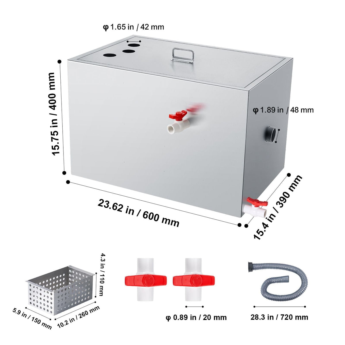 Commercial Grease Trap, 40 LBS Grease Interceptor, Top Inlet Interceptor, Under Sink Stainless Steel Grease Trap, 10 GPM Waste Water Oil-water Separator, for Restaurant Canteen Home Kitchen