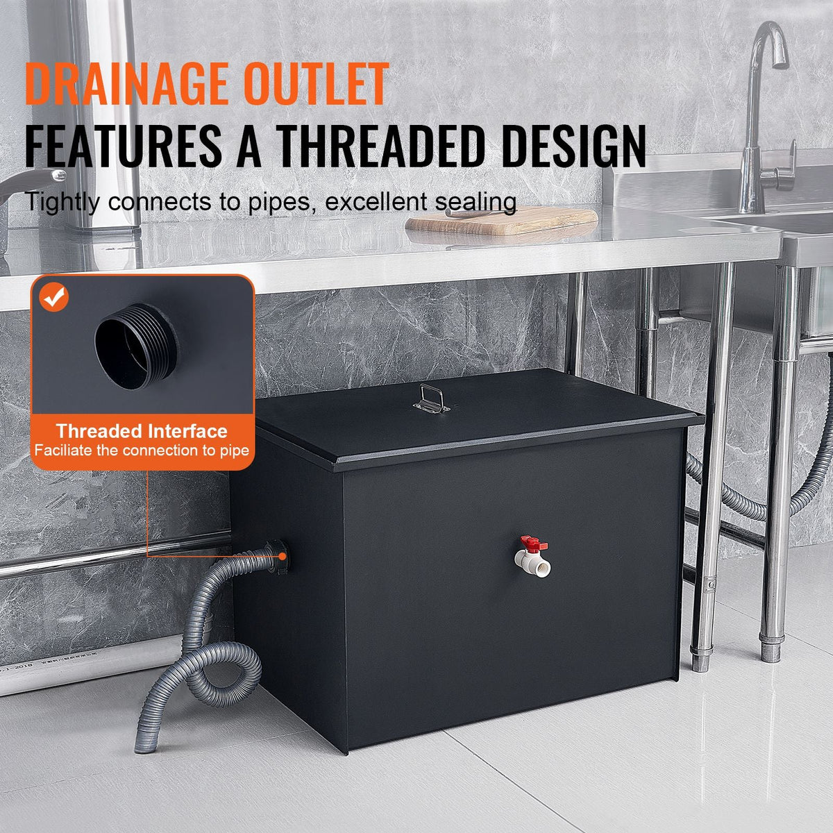 Commercial Grease Trap, 50 LBS Grease Interceptor, Side Inlet Interceptor, Under Sink Carbon Steel Grease Trap, 19.3 GPM Waste Water Oil-water Separator, for Restaurant Canteen Home Kitchen
