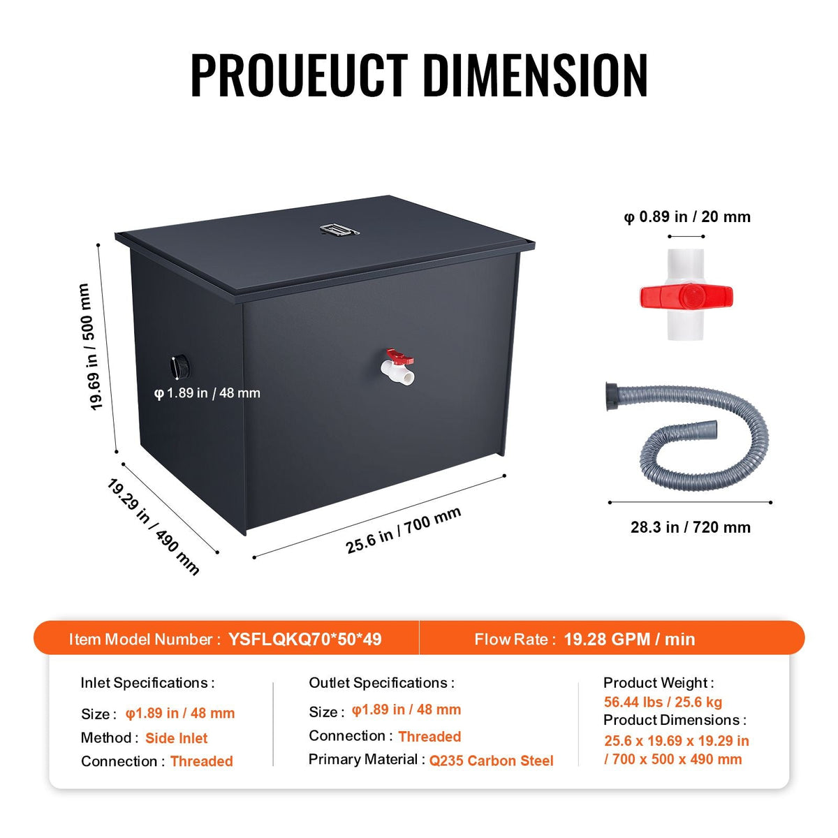 Commercial Grease Trap, 50 LBS Grease Interceptor, Side Inlet Interceptor, Under Sink Carbon Steel Grease Trap, 19.3 GPM Waste Water Oil-water Separator, for Restaurant Canteen Home Kitchen