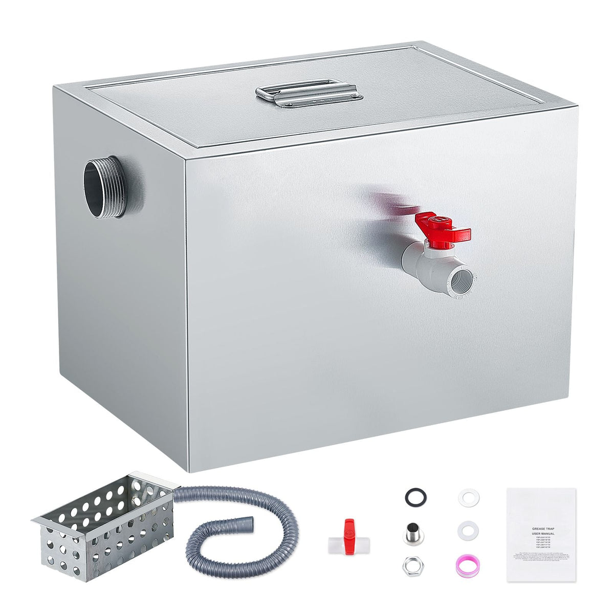 Commercial Grease Trap, 8 LBS Grease Interceptor, Side Inlet Interceptor, Under Sink Stainless Steel Grease Trap, 2.8 GPM Waste Water Oil-water Separator, for Restaurant Canteen Home Kitchen