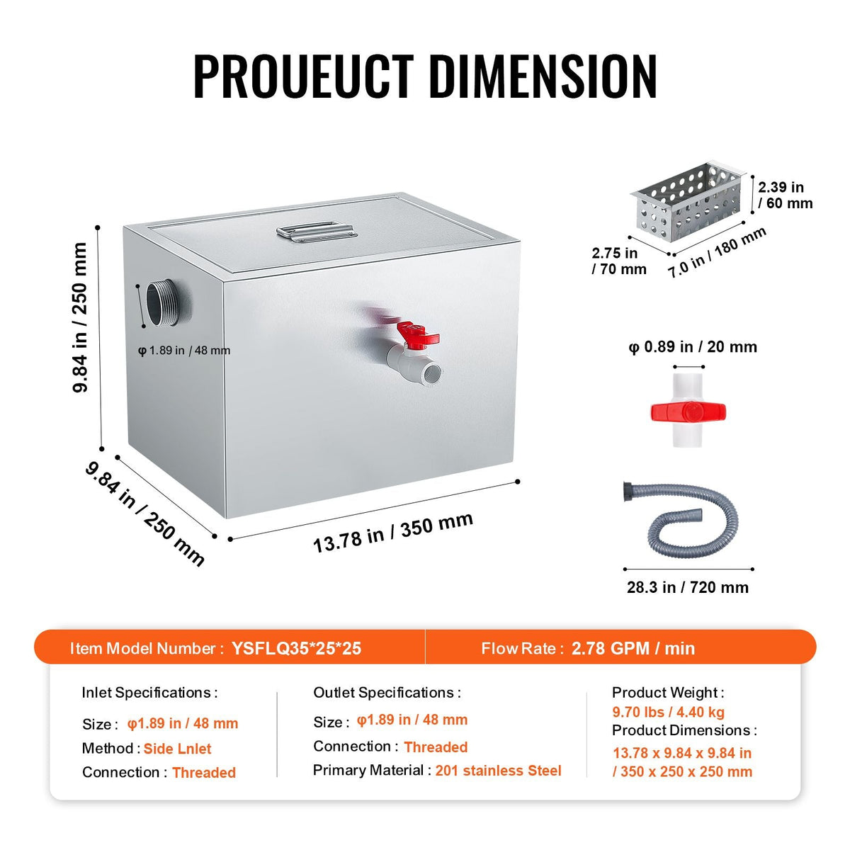 Commercial Grease Trap, 8 LBS Grease Interceptor, Side Inlet Interceptor, Under Sink Stainless Steel Grease Trap, 2.8 GPM Waste Water Oil-water Separator, for Restaurant Canteen Home Kitchen