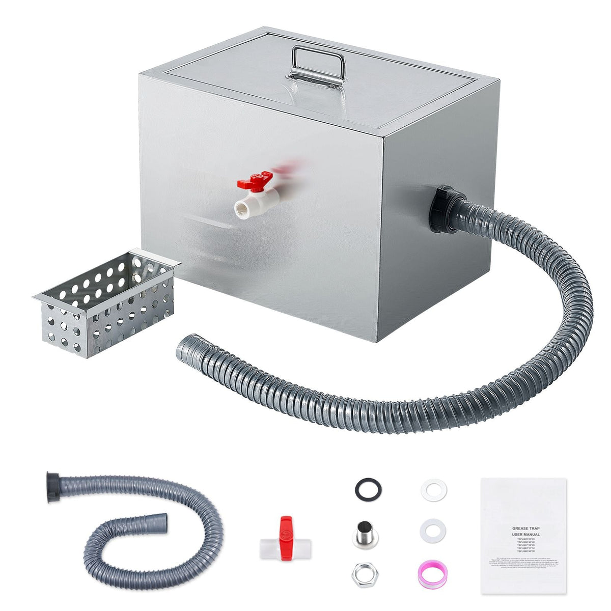 Commercial Grease Trap, 8 LBS Grease Interceptor, Side Inlet Interceptor, Under Sink Stainless Steel Grease Trap, 2.8 GPM Waste Water Oil-water Separator, for Restaurant Canteen Home Kitchen