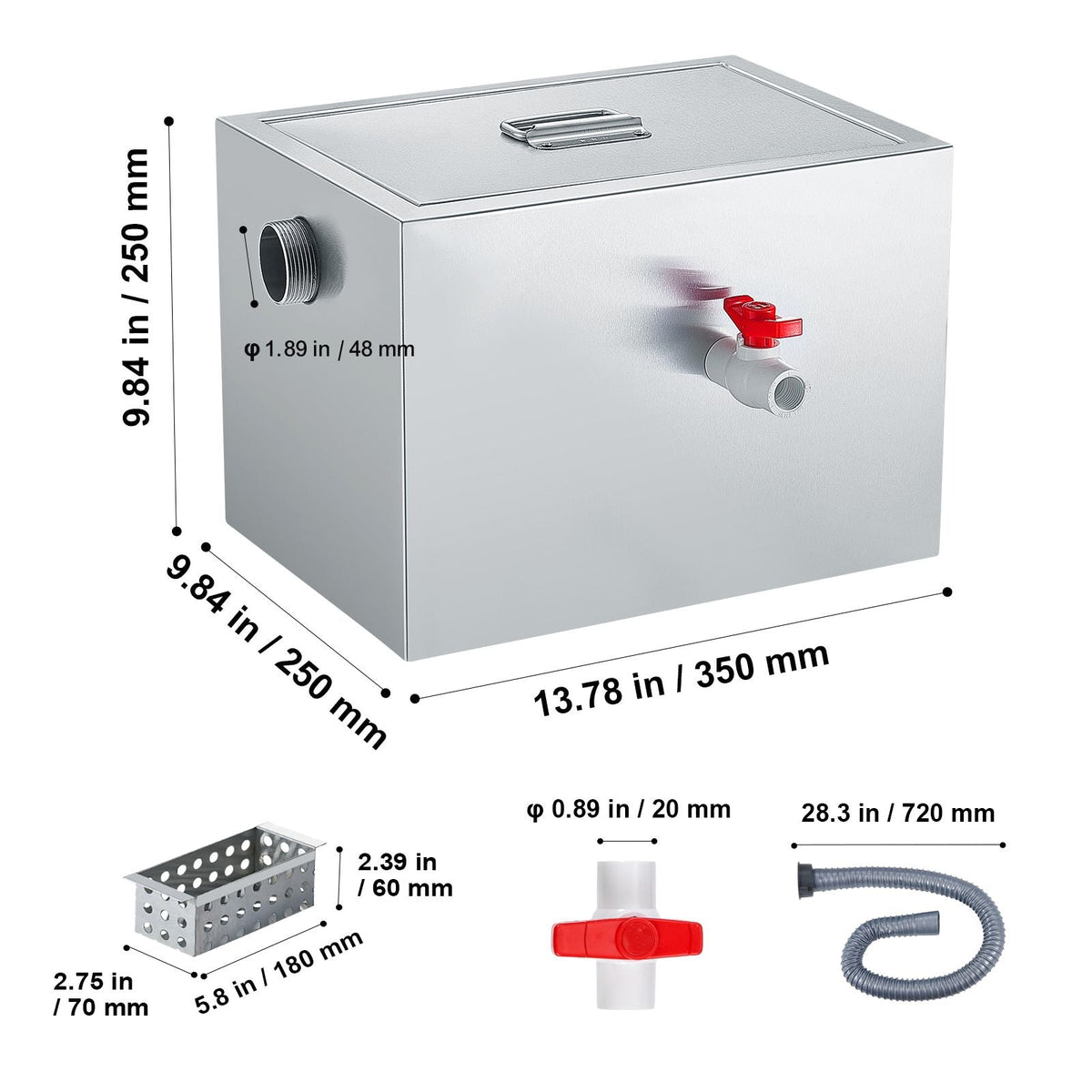 Commercial Grease Trap, 8 LBS Grease Interceptor, Side Inlet Interceptor, Under Sink Stainless Steel Grease Trap, 2.8 GPM Waste Water Oil-water Separator, for Restaurant Canteen Home Kitchen