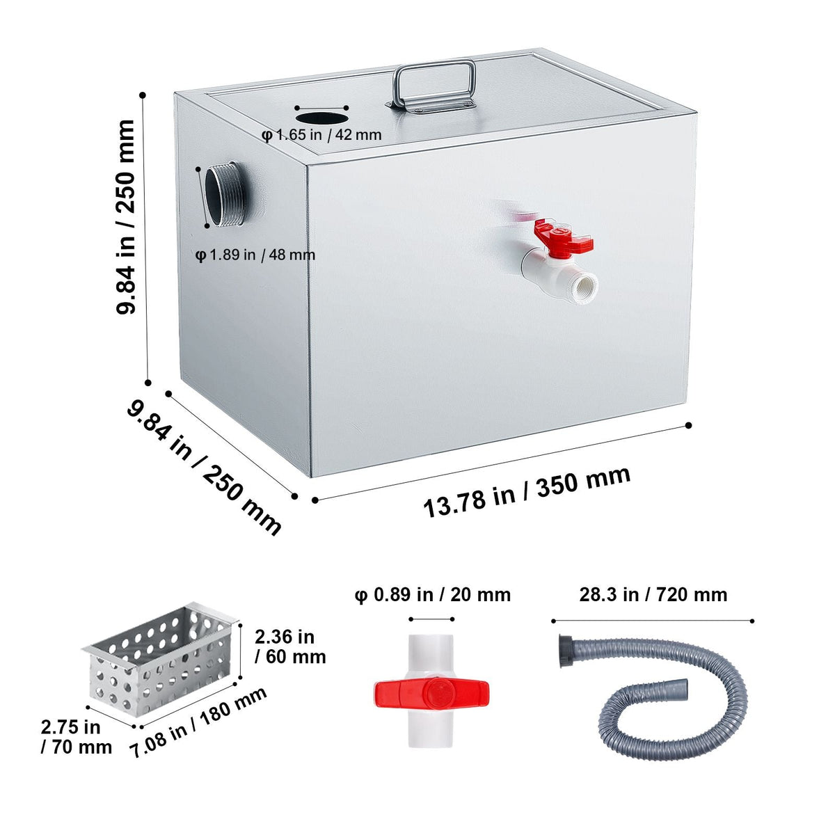 Commercial Grease Trap, 8 LBS Grease Interceptor, Top Inlet Interceptor, Under Sink Stainless Steel Grease Trap, 2.8 GPM Waste Water Oil-water Separator, for Restaurant Canteen Home Kitchen