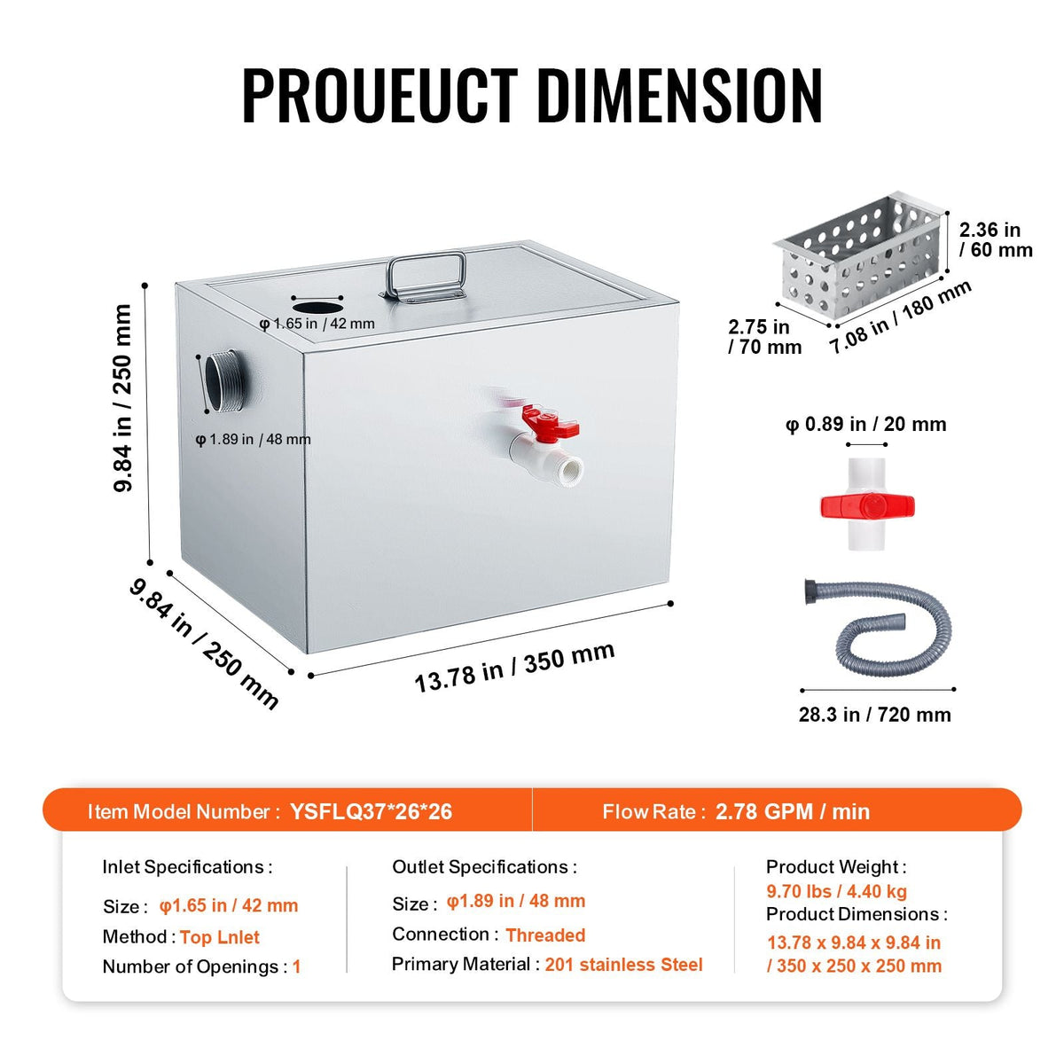 Commercial Grease Trap, 8 LBS Grease Interceptor, Top Inlet Interceptor, Under Sink Stainless Steel Grease Trap, 2.8 GPM Waste Water Oil-water Separator, for Restaurant Canteen Home Kitchen
