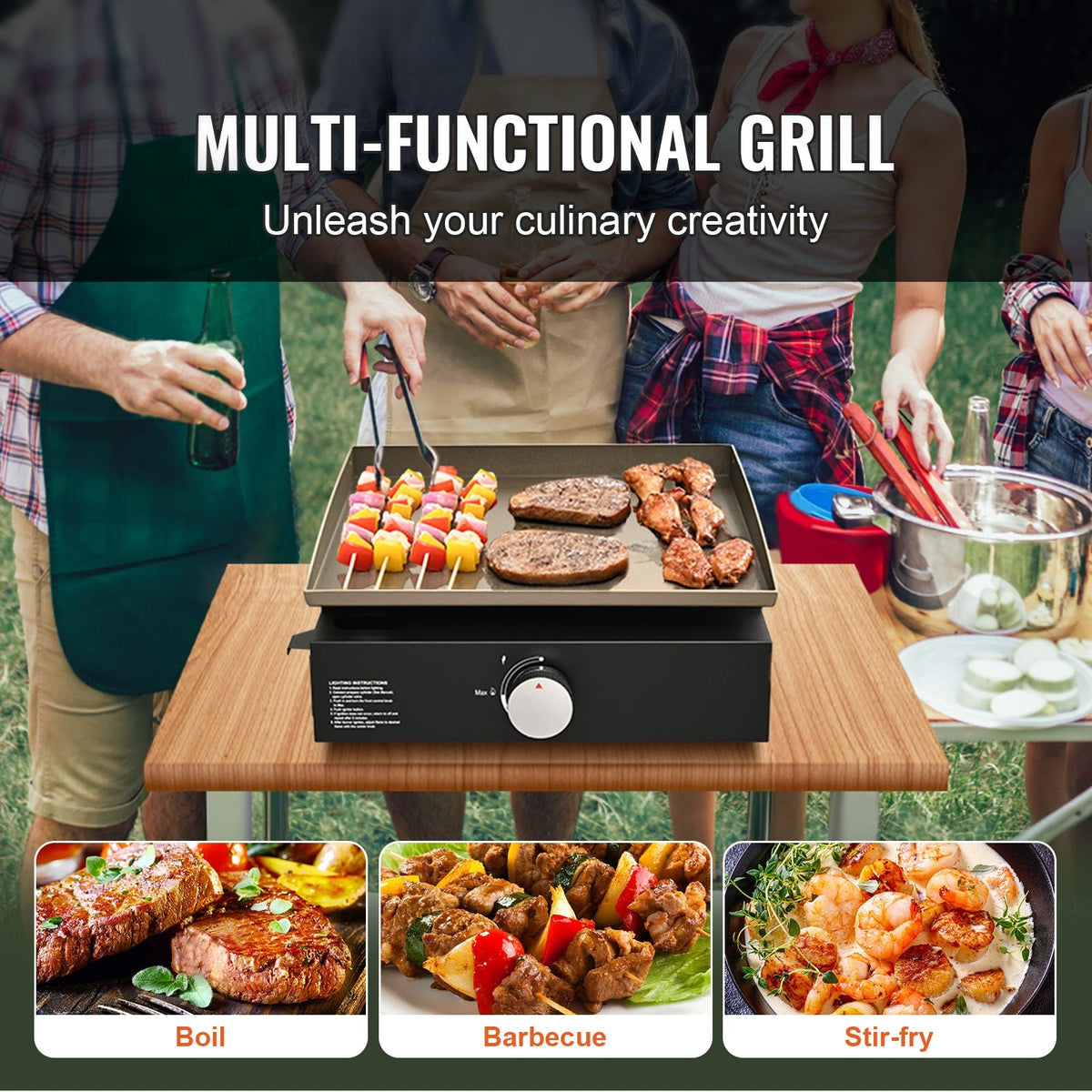 Commercial Griddle, 16.9" Heavy Duty Manual Flat Top Griddle, Countertop Gas Grill with Non-Stick Cooking Plate, Steel Natural Gas Griddle, 2-Burners Restaurant Portable Grill - 22,000 BTU