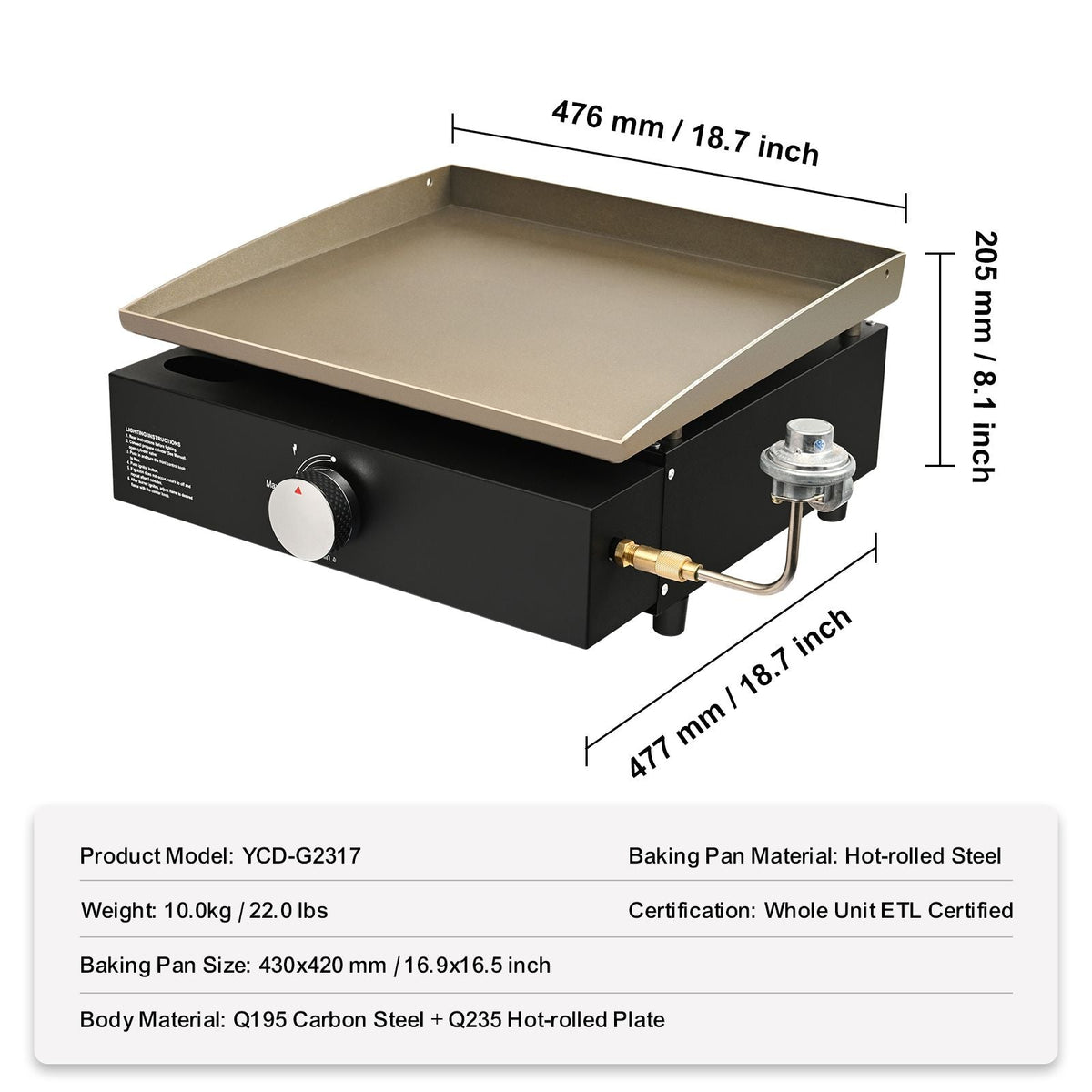 Commercial Griddle, 16.9" Heavy Duty Manual Flat Top Griddle, Countertop Gas Grill with Non-Stick Cooking Plate, Steel Natural Gas Griddle, 2-Burners Restaurant Portable Grill - 22,000 BTU