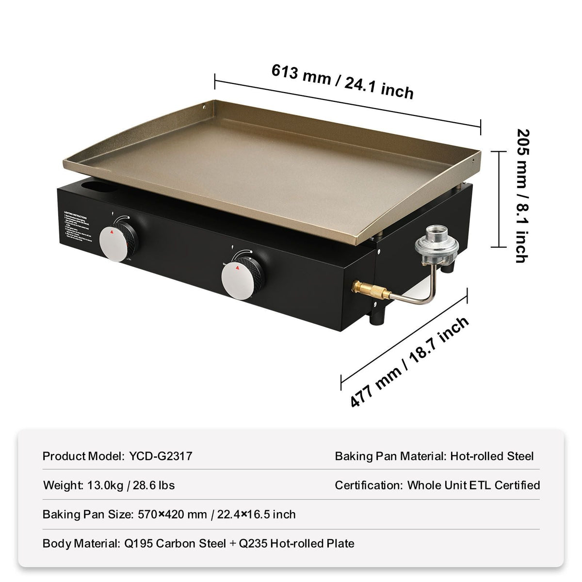 Commercial Griddle, 22.4" Heavy Duty Manual Flat Top Griddle, Countertop Gas Grill with Non-Stick Cooking Plate, Steel Natural Gas Griddle, H-Shaped Burner Restaurant Portable Grill, 13,000 BTU