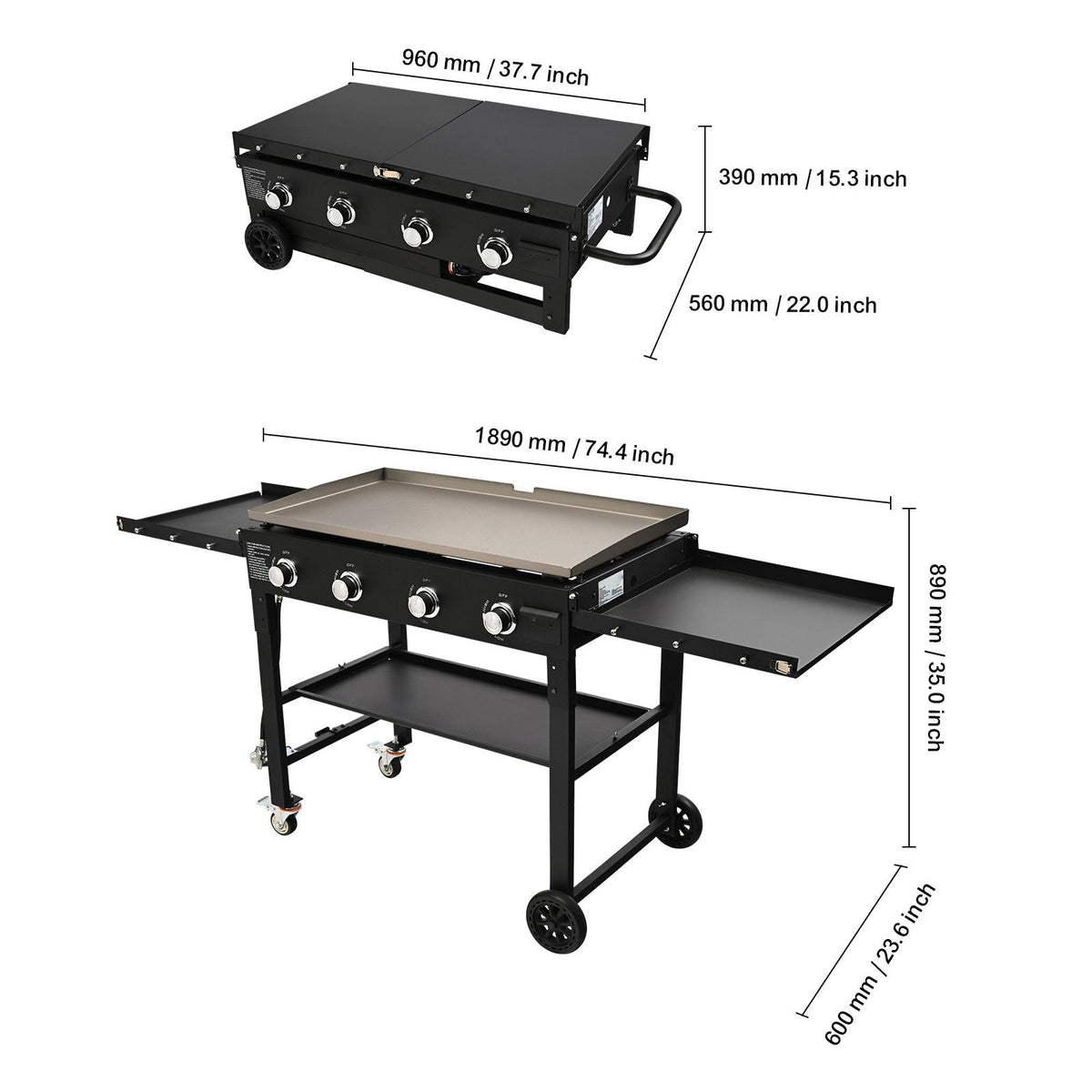 Commercial Griddle on Cart, 36" Heavy Duty Manual Flat Top Griddle, Outdoor Cooking Station with Side Shelves, Steel Propane Gas Griddle, 4-Burners Restaurant Portable Tested toStandards
