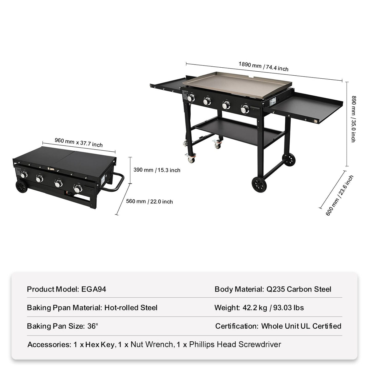 Commercial Griddle on Cart, 36" Heavy Duty Manual Flat Top Griddle, Outdoor Cooking Station with Side Shelves, Steel Propane Gas Griddle, 4-Burners Restaurant Portable Tested toStandards