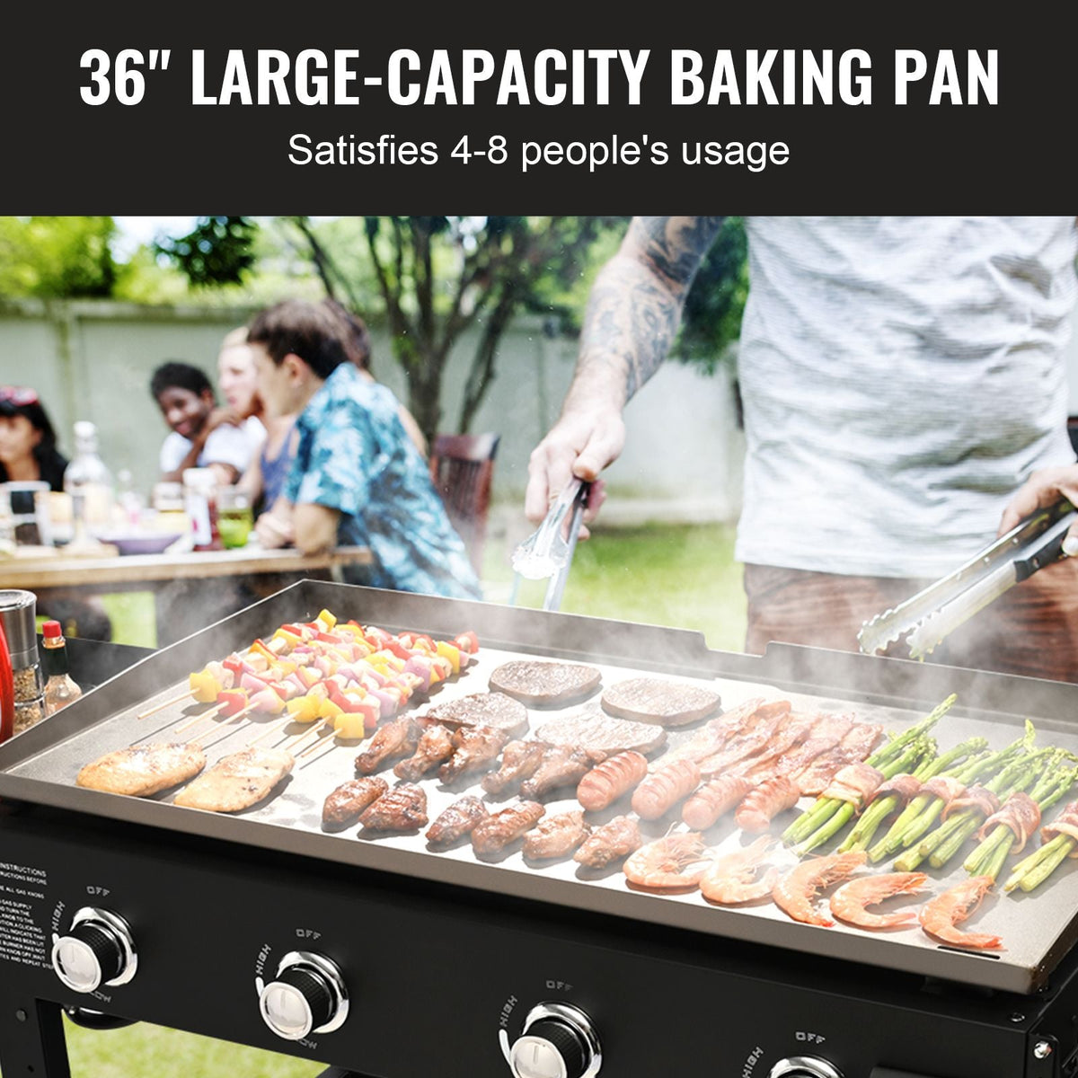 Commercial Griddle on Cart, 36" Heavy Duty Manual Flat Top Griddle, Outdoor Cooking Station with Side Shelves, Steel Propane Gas Griddle, 4-Burners Restaurant Portable Tested toStandards