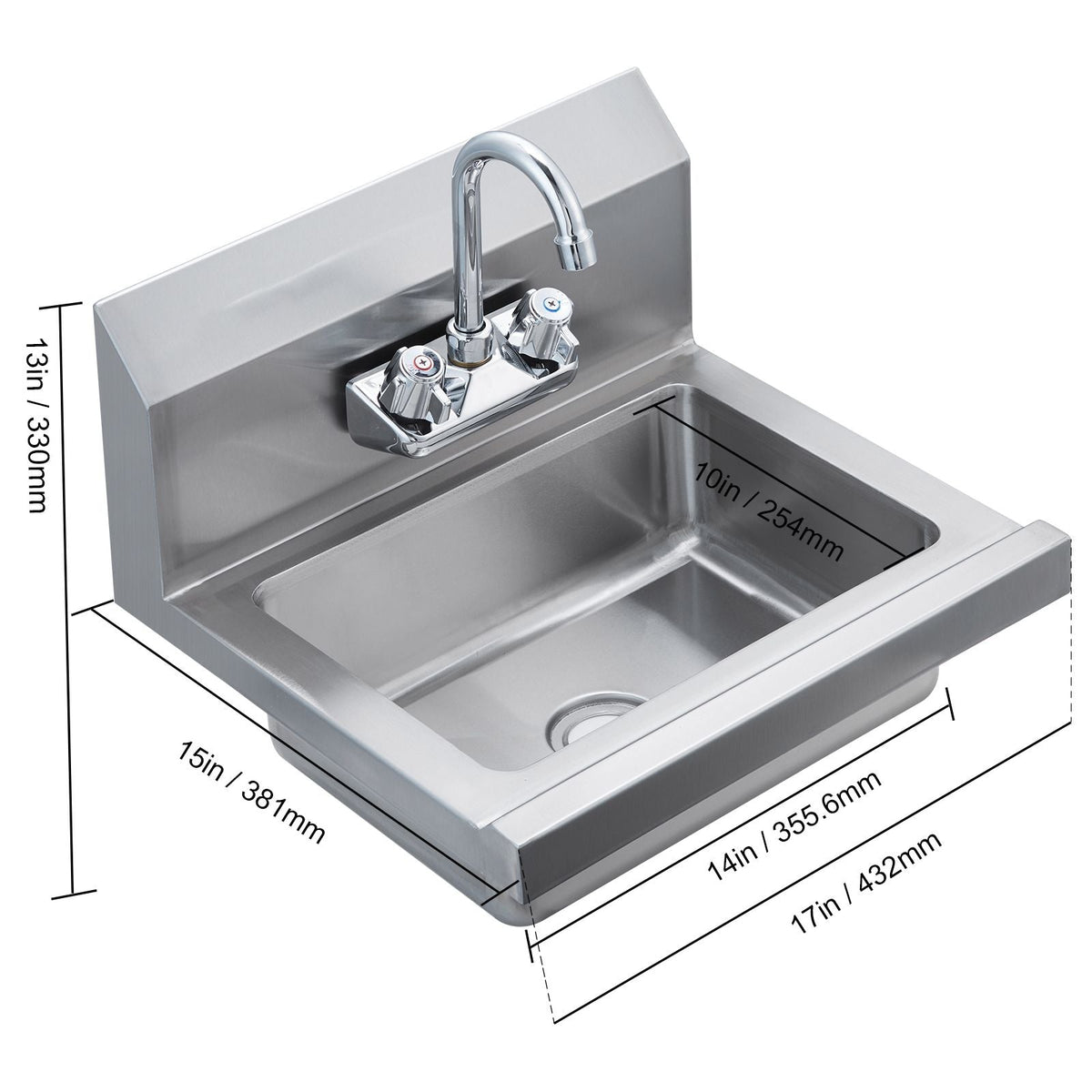 Commercial Hand Sink with Faucet, Stainless Steel Sink for Washing, Small Hand Washing Sink, Wall Mount Hand Basin, Utility Sink for Restaurant, Kitchen, Bar, Garage and Home, 17 x 12.8 inch
