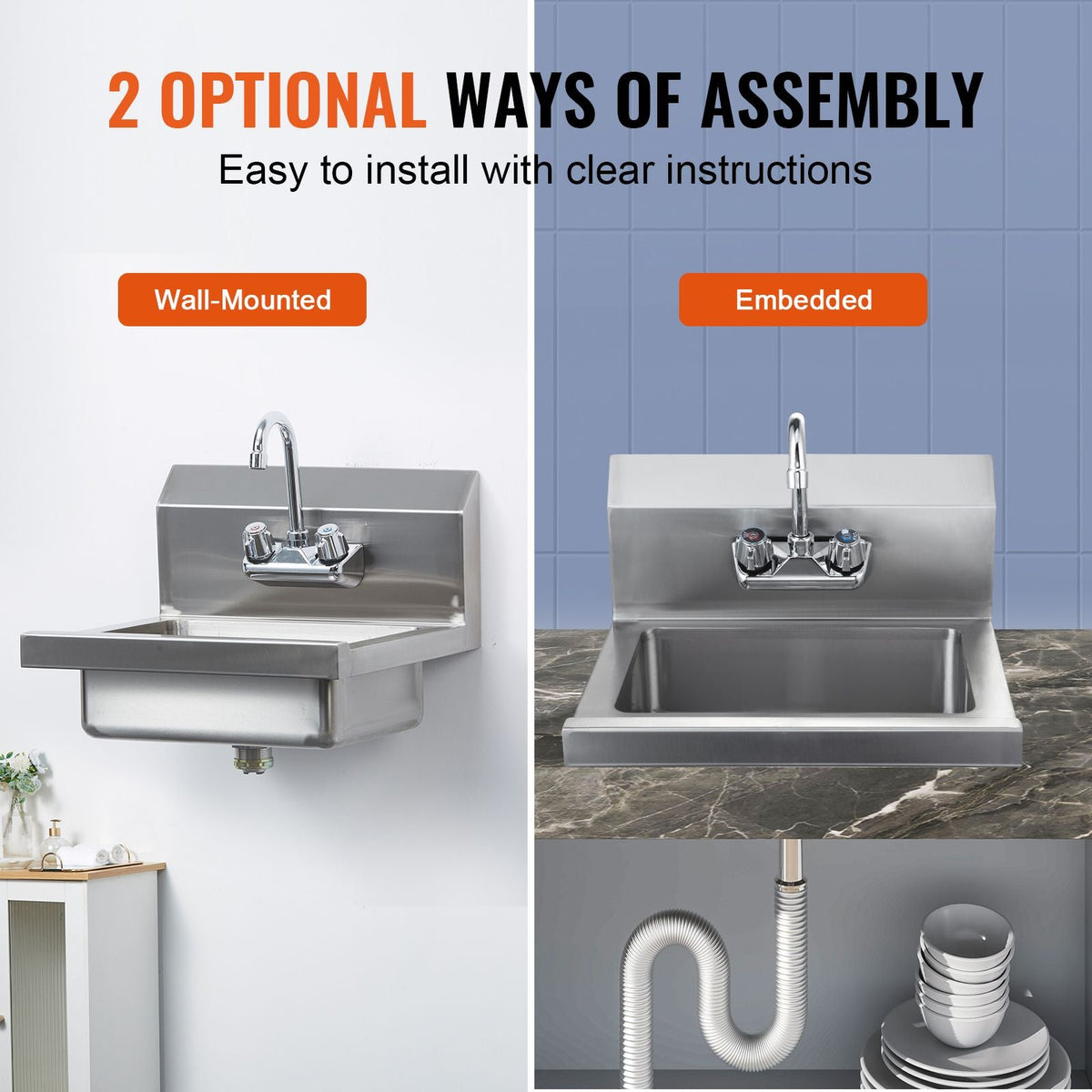 Commercial Hand Sink with Faucet, Stainless Steel Sink for Washing, Small Hand Washing Sink, Wall Mount Hand Basin, Utility Sink for Restaurant, Kitchen, Bar, Garage and Home, 17 x 12.8 inch