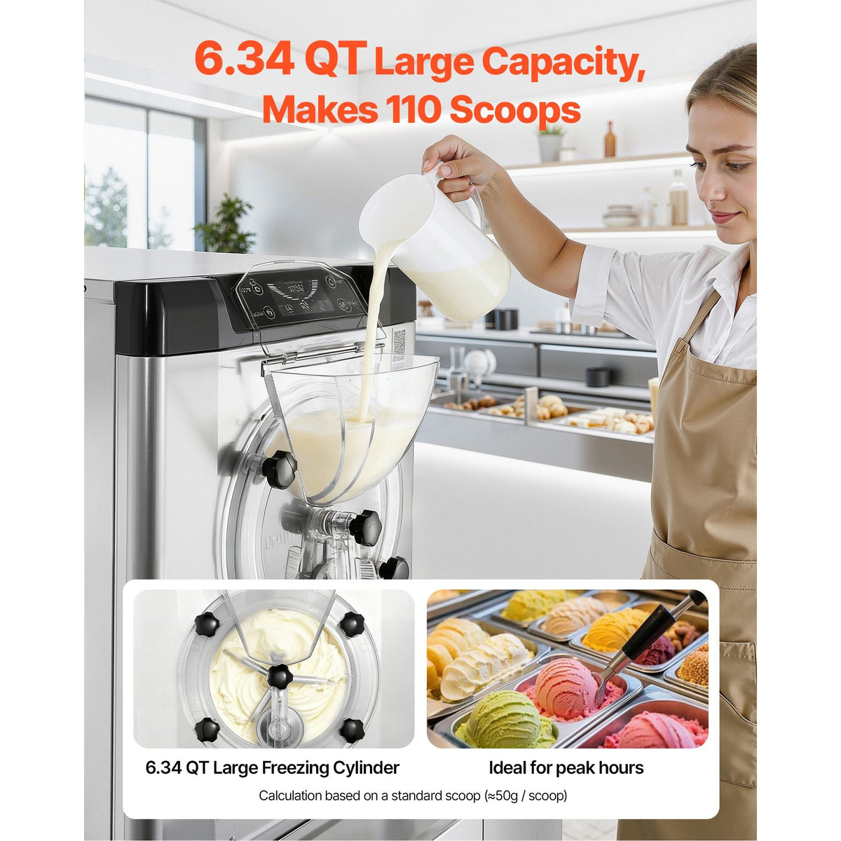 Commercial Hard Ice Cream Machine, 2000W 3.17-5.28 Gal/Hour, Countertop Gelato Hard Serve Ice Cream Maker with 6L 304 Stainless Steel Cylinder, Auto Clean LED Panel for Snack Bar Restaurants