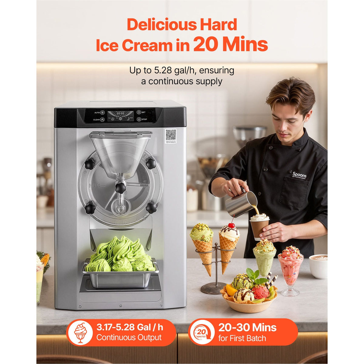 Commercial Hard Ice Cream Machine, 2000W 3.17-5.28 Gal/Hour, Countertop Gelato Hard Serve Ice Cream Maker with 6L 304 Stainless Steel Cylinder, Auto Clean LED Panel for Snack Bar Restaurants
