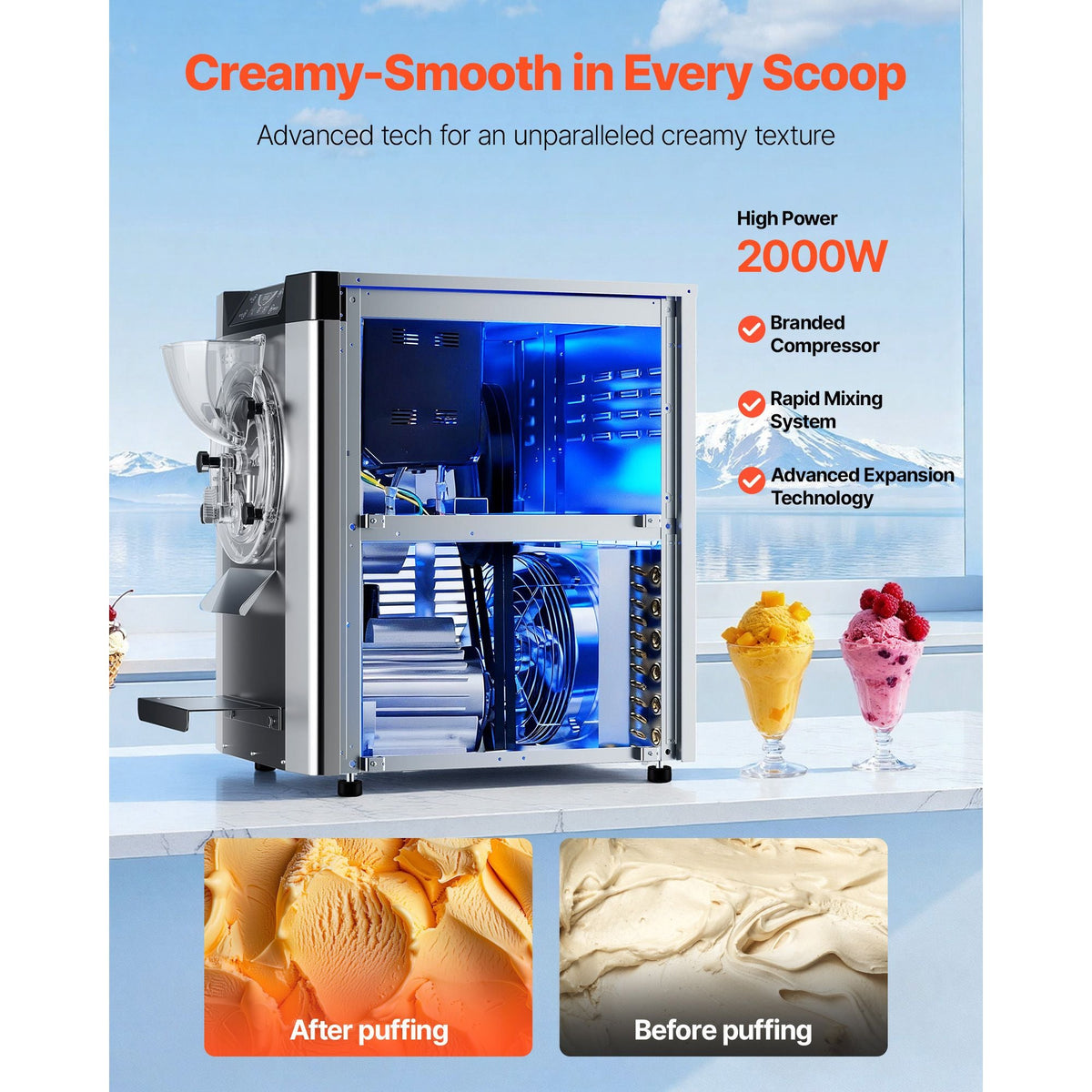 Commercial Hard Ice Cream Machine, 2000W 3.17-5.28 Gal/Hour, Countertop Gelato Hard Serve Ice Cream Maker with 6L 304 Stainless Steel Cylinder, Auto Clean LED Panel for Snack Bar Restaurants