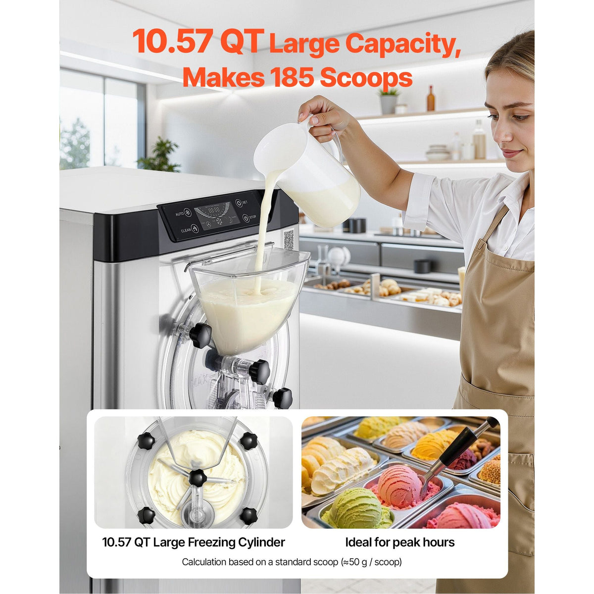 Commercial Hard Ice Cream Machine, 2400W 3.17 to 5.28 Gallons per Hour, Gelato Hard Serve Ice Cream Maker with 10L 304 Stainless Steel Cylinder, Auto Clean LED Panel for Snack Bar Restaurants