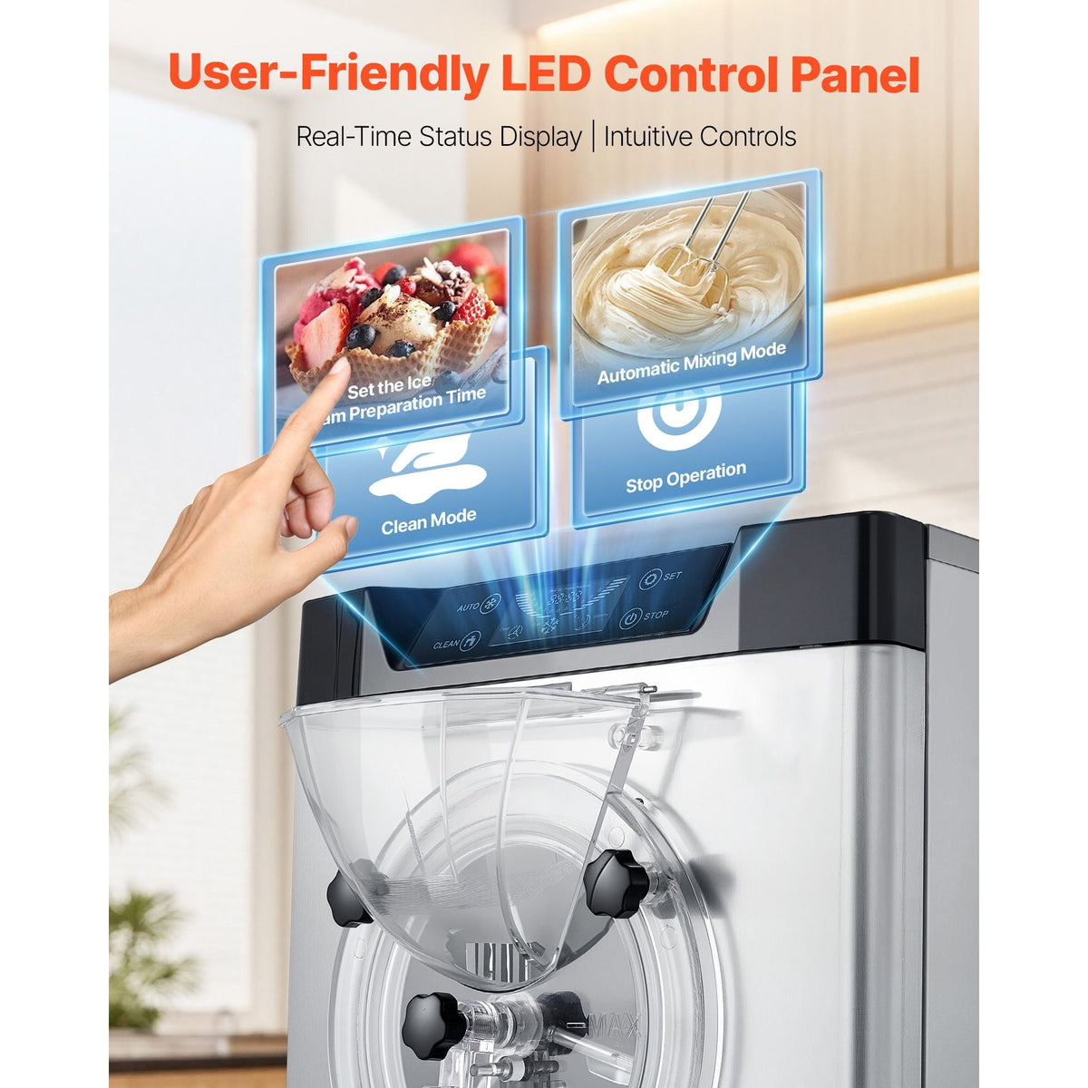 Commercial Hard Ice Cream Machine, 2400W 3.17 to 5.28 Gallons per Hour, Gelato Hard Serve Ice Cream Maker with 10L 304 Stainless Steel Cylinder, Auto Clean LED Panel for Snack Bar Restaurants