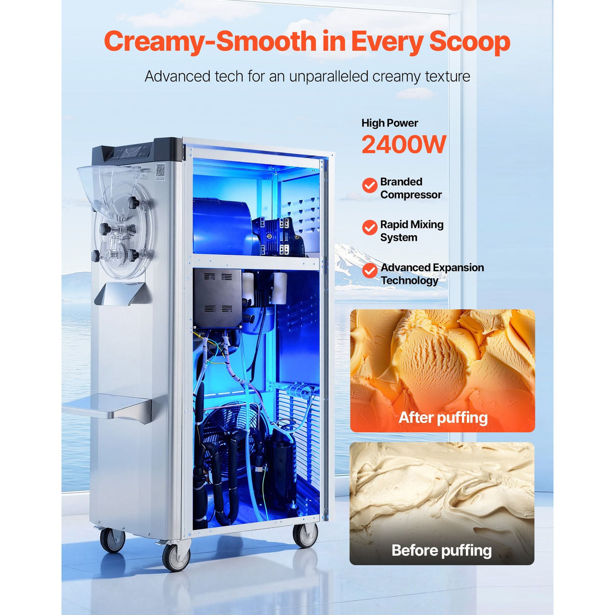 Commercial Hard Ice Cream Machine, 2400W 3.17 to 5.28 Gallons per Hour, Gelato Hard Serve Ice Cream Maker with 10L 304 Stainless Steel Cylinder, Auto Clean LED Panel for Snack Bar Restaurants
