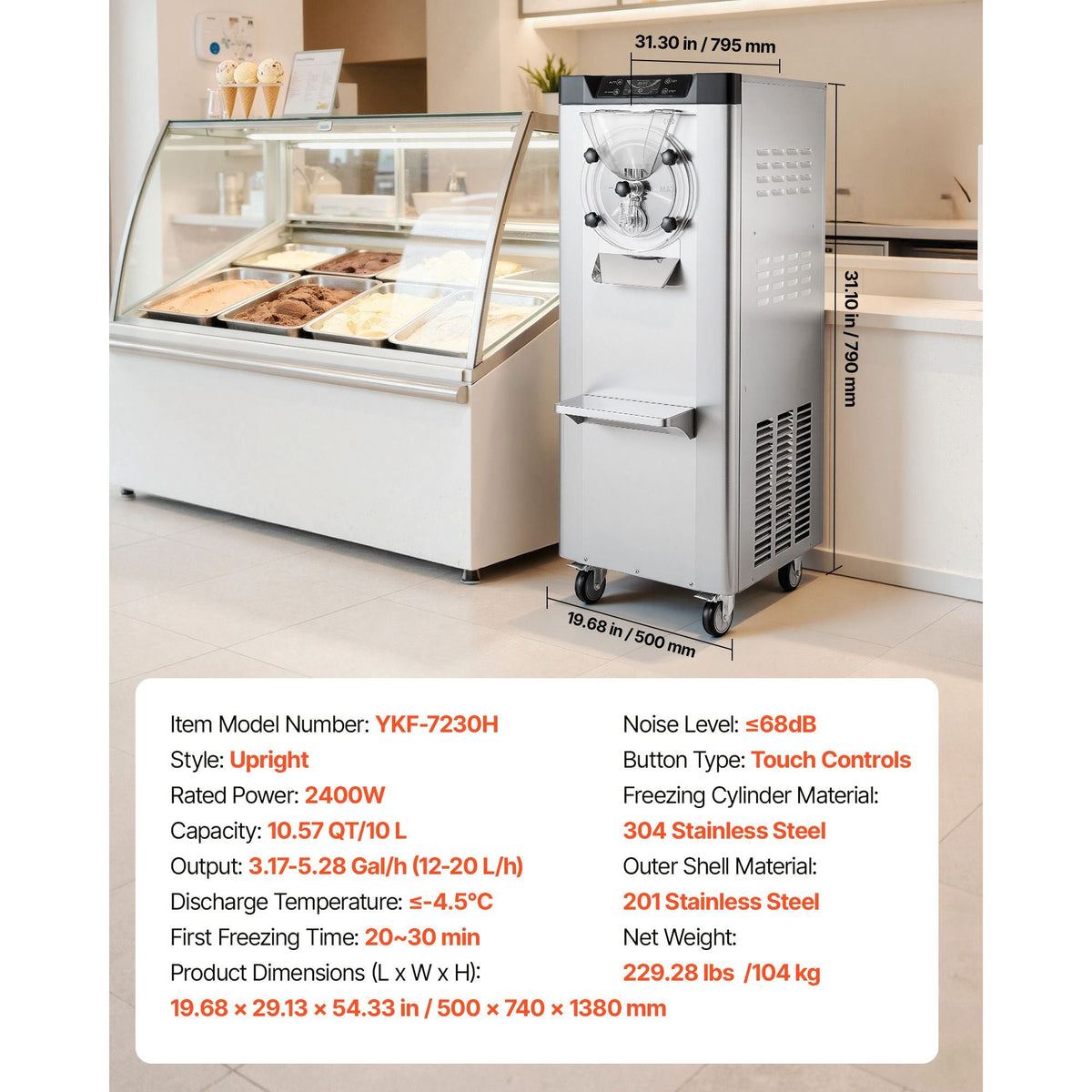 Commercial Hard Ice Cream Machine, 2400W 3.17 to 5.28 Gallons per Hour, Gelato Hard Serve Ice Cream Maker with 10L 304 Stainless Steel Cylinder, Auto Clean LED Panel for Snack Bar Restaurants