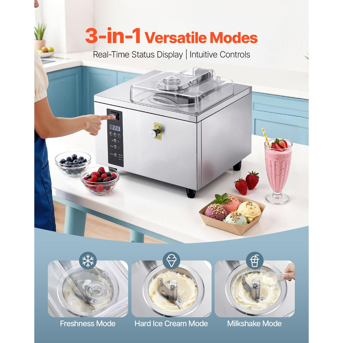 Commercial Hard Ice Cream Machine, 500W 1.32 Gal/Hour, Gelato Hard Serve Ice Cream Maker with 2.8L 304 Stainless Steel Cylinder, Auto Clean LED Panel High Productivity for Snack Bar Restaurants