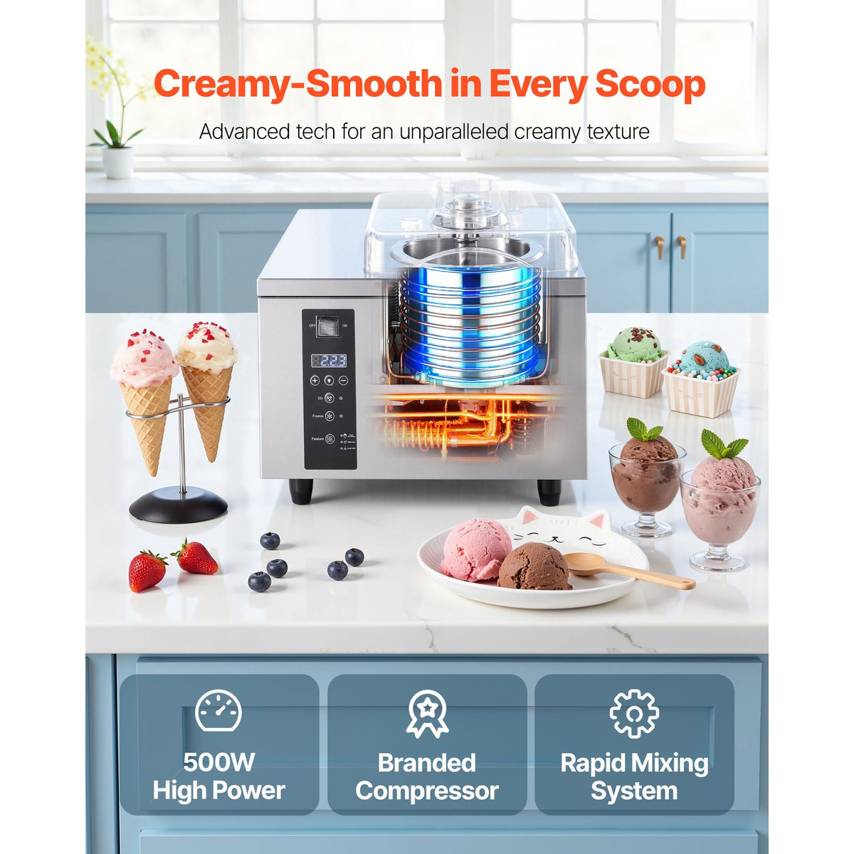 Commercial Hard Ice Cream Machine, 500W 1.32 Gal/Hour, Gelato Hard Serve Ice Cream Maker with 2.8L 304 Stainless Steel Cylinder, Auto Clean LED Panel High Productivity for Snack Bar Restaurants