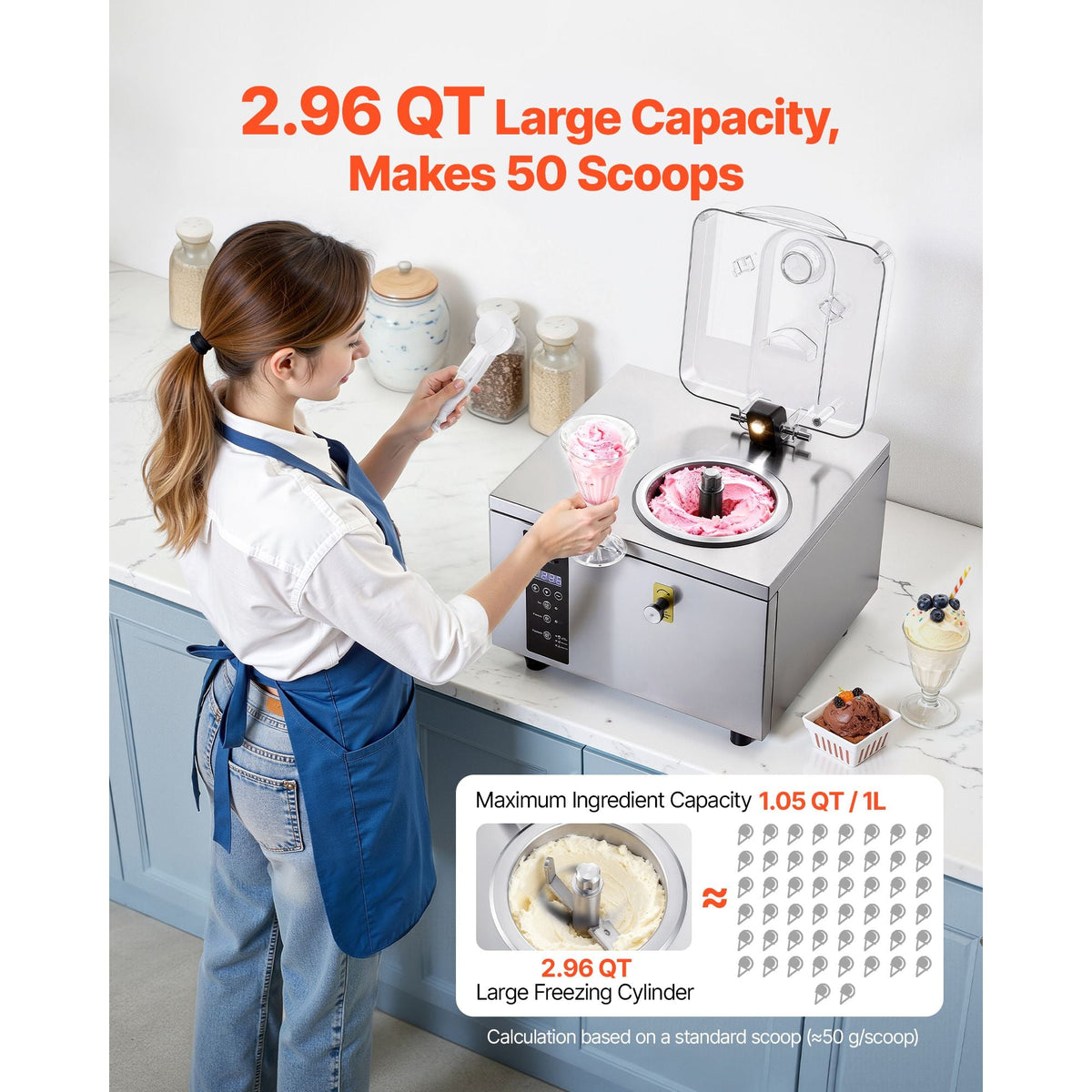 Commercial Hard Ice Cream Machine, 500W 1.32 Gal/Hour, Gelato Hard Serve Ice Cream Maker with 2.8L 304 Stainless Steel Cylinder, Auto Clean LED Panel High Productivity for Snack Bar Restaurants