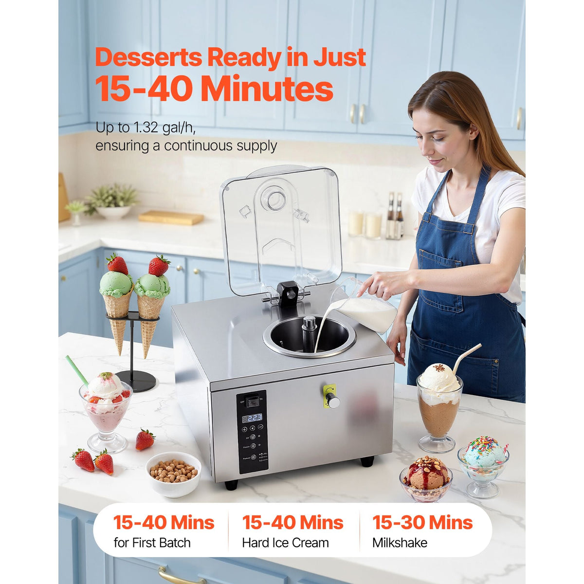 Commercial Hard Ice Cream Machine, 500W 1.32 Gal/Hour, Gelato Hard Serve Ice Cream Maker with 2.8L 304 Stainless Steel Cylinder, Auto Clean LED Panel High Productivity for Snack Bar Restaurants