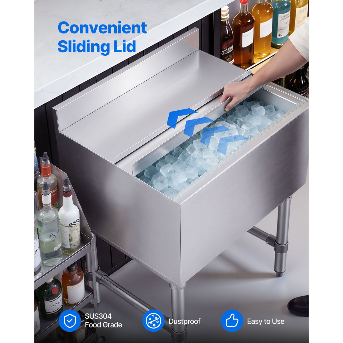 Commercial Ice Bin, 100.7 Qt Max Capacity, 36 x 19 x 33 Inch Stainless Steel Ice Chest with Sliding Lid and Bottle Holders, Cooler Cart Cocktail Unit for Bar Restaurant Pub, NSF Certified