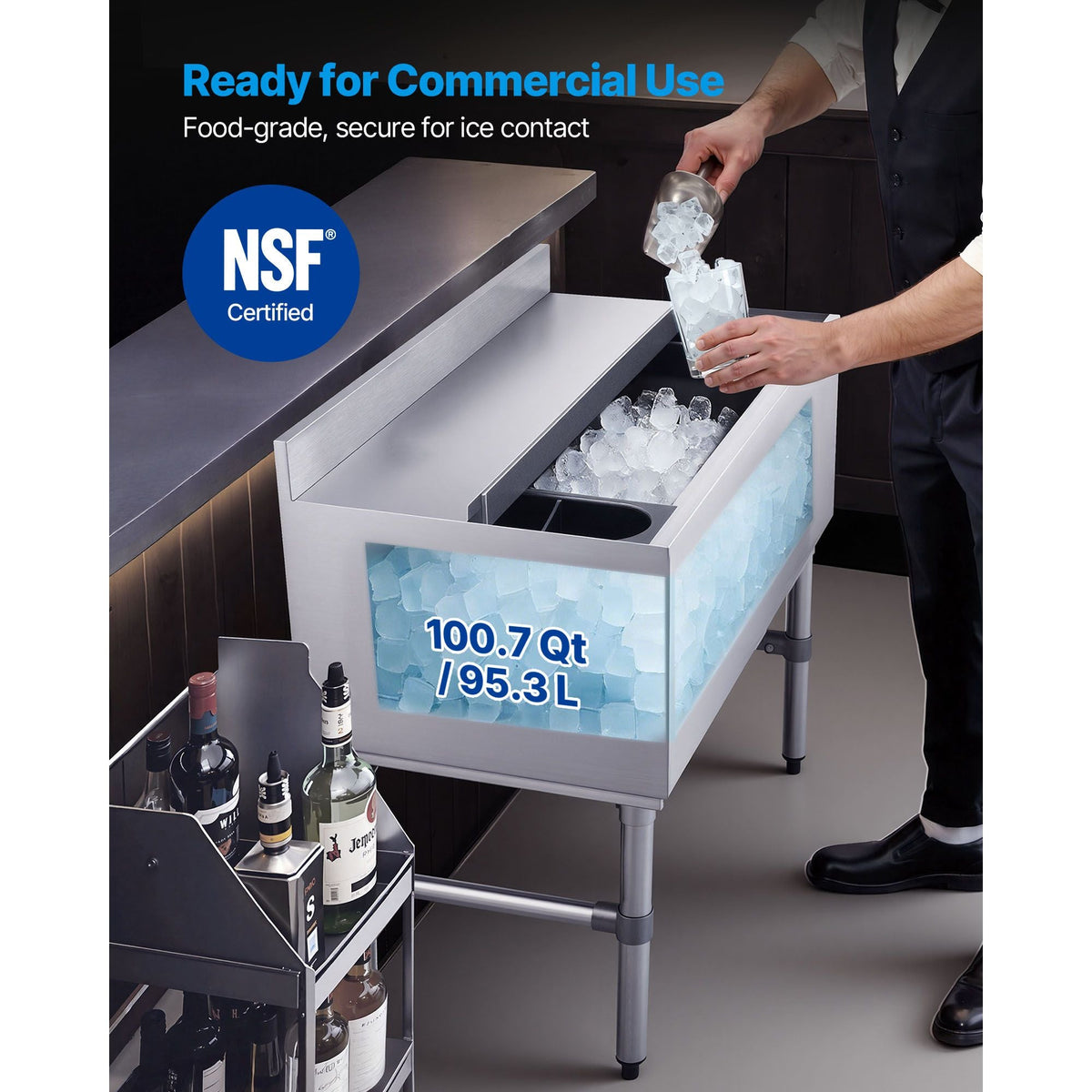 Commercial Ice Bin, 100.7 Qt Max Capacity, 36 x 19 x 33 Inch Stainless Steel Ice Chest with Sliding Lid and Bottle Holders, Cooler Cart Cocktail Unit for Bar Restaurant Pub, NSF Certified