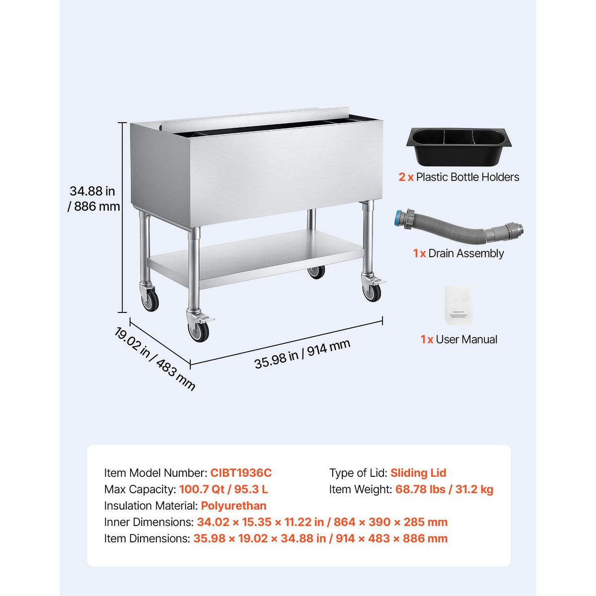 Commercial Ice Bin, 100.7 Qt Max Capacity, 36 x 19 x 35 Inch Stainless Steel Ice Chest with Sliding Lid and Bottle Holders, Cooler Cart Cocktail Unit for Bar Restaurant Pub, NSF Certified