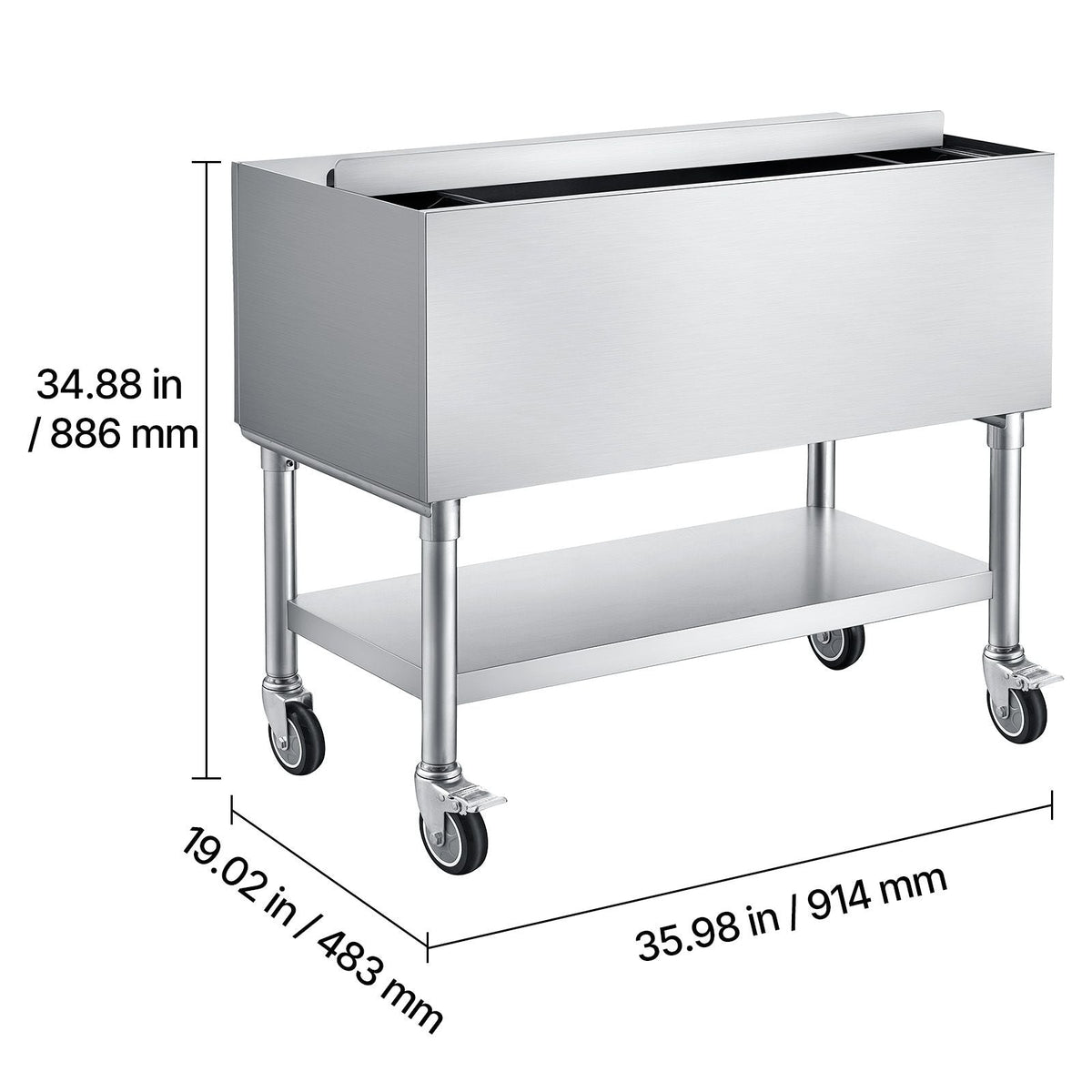 Commercial Ice Bin, 100.7 Qt Max Capacity, 36 x 19 x 35 Inch Stainless Steel Ice Chest with Sliding Lid and Bottle Holders, Cooler Cart Cocktail Unit for Bar Restaurant Pub, NSF Certified