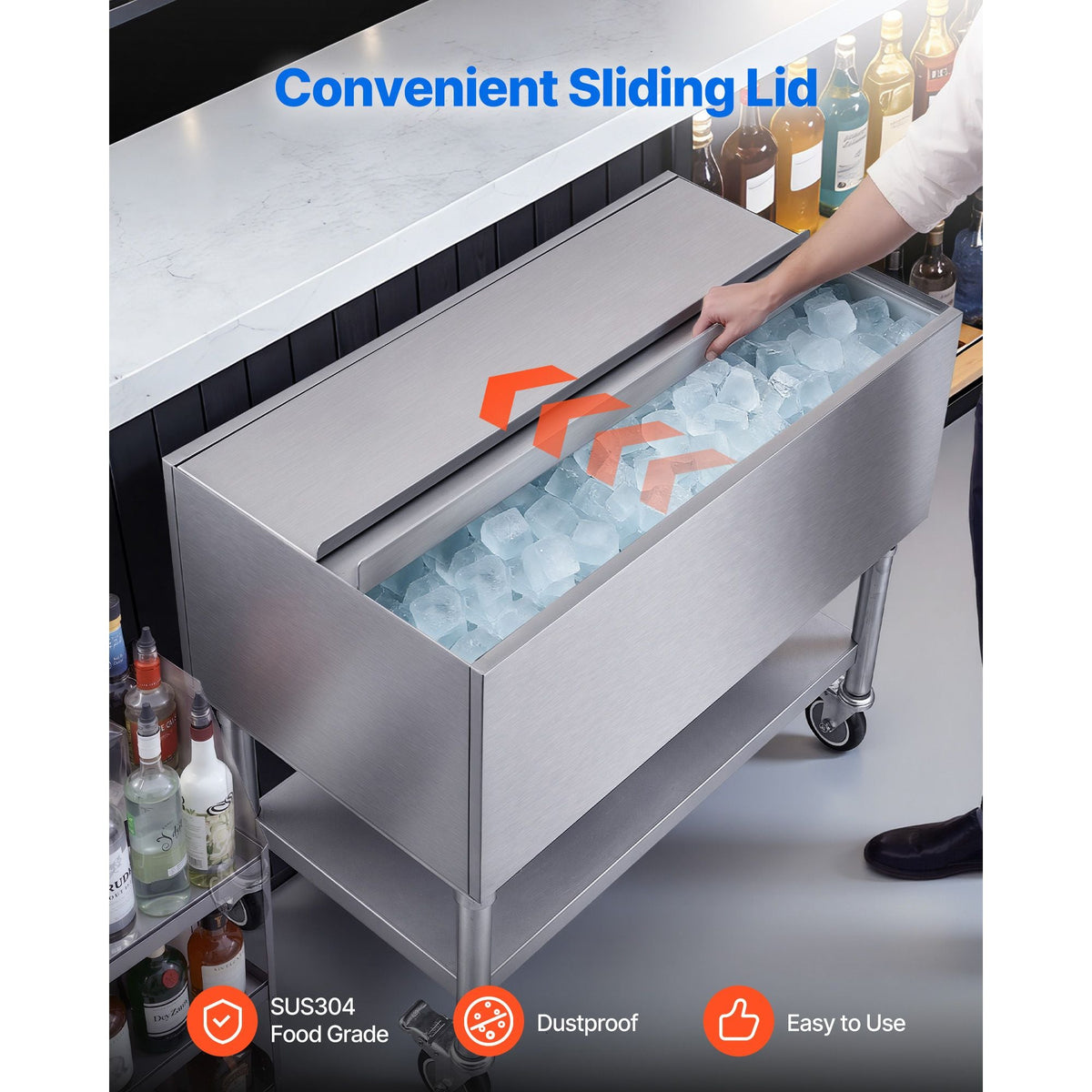 Commercial Ice Bin, 100.7 Qt Max Capacity, 36 x 19 x 35 Inch Stainless Steel Ice Chest with Sliding Lid and Bottle Holders, Cooler Cart Cocktail Unit for Bar Restaurant Pub, NSF Certified