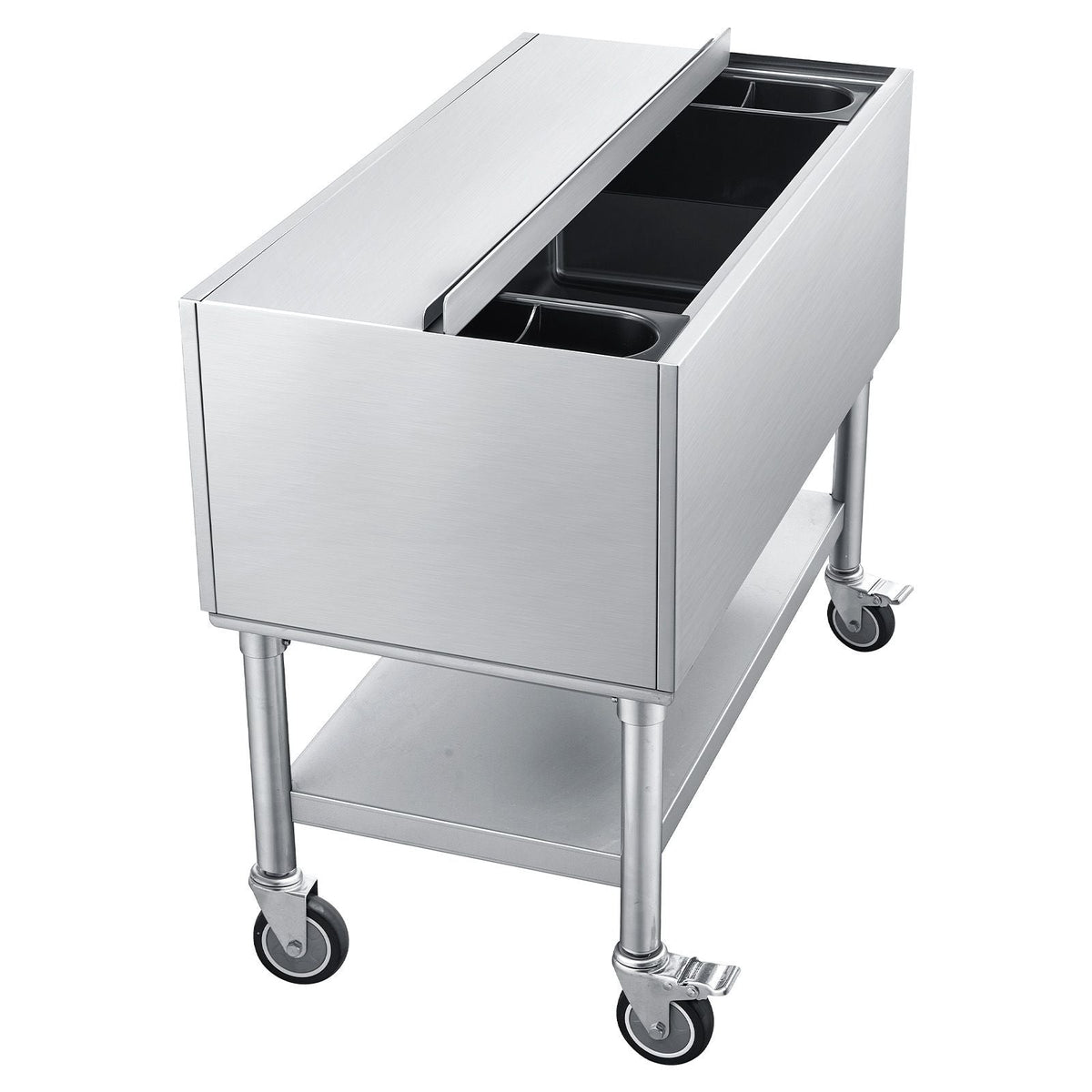Commercial Ice Bin, 100.7 Qt Max Capacity, 36 x 19 x 35 Inch Stainless Steel Ice Chest with Sliding Lid and Bottle Holders, Cooler Cart Cocktail Unit for Bar Restaurant Pub, NSF Certified