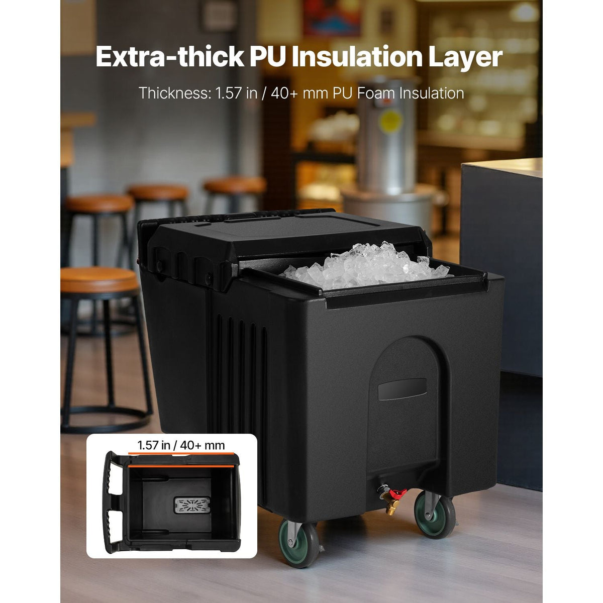 Commercial Ice Bin, 125 lbs Portable Ice Caddy, 31.5 x 22.8 x 29 inch Insulated Ice Carrier with 4 Wheels and Sliding Lid, Large Ice Bin for Catering, Kitchens, Bistros, Restaurants, and Bars