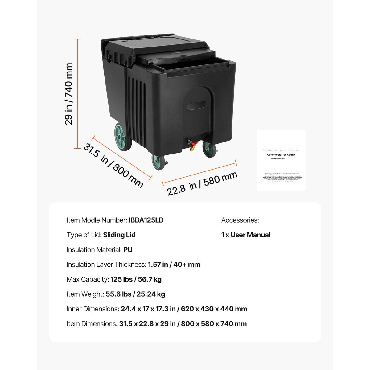 Commercial Ice Bin, 125 lbs Portable Ice Caddy, 31.5 x 22.8 x 29 inch Insulated Ice Carrier with 4 Wheels and Sliding Lid, Large Ice Bin for Catering, Kitchens, Bistros, Restaurants, and Bars