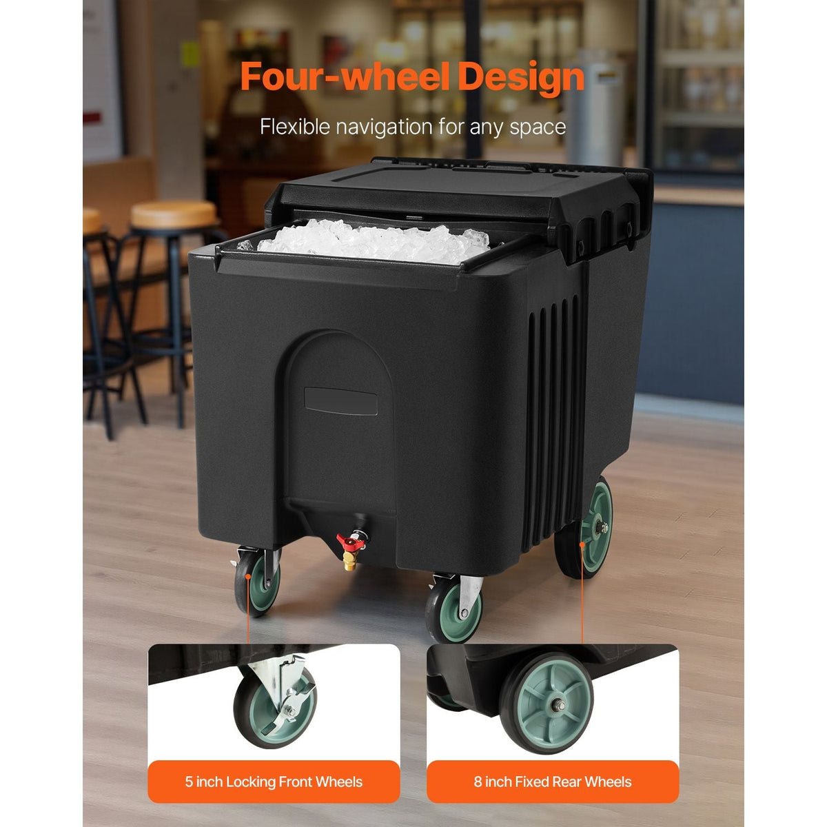 Commercial Ice Bin, 125 lbs Portable Ice Caddy, 31.5 x 22.8 x 29 inch Insulated Ice Carrier with 4 Wheels and Sliding Lid, Large Ice Bin for Catering, Kitchens, Bistros, Restaurants, and Bars