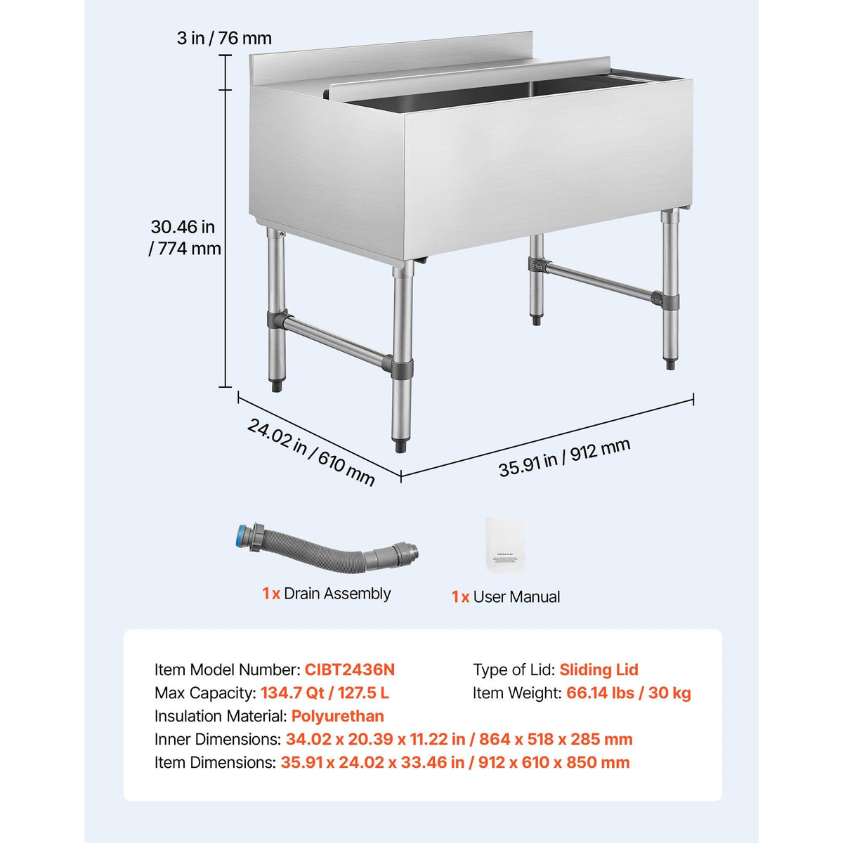 Commercial Ice Bin, 134.7 Qt Max Capacity, 36 x 24 x 33 Inch Stainless Steel Ice Chest with Sliding Lid, 24H Long-Lasting Insulation, Cooler Cart Cocktail Unit for Bar Restaurant Pub, NSF