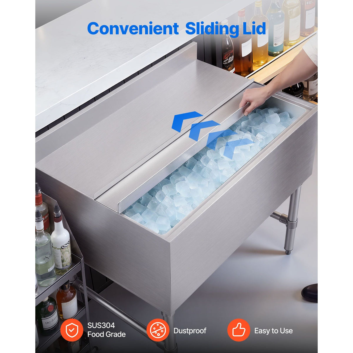 Commercial Ice Bin, 134.7 Qt Max Capacity, 36 x 24 x 33 Inch Stainless Steel Ice Chest with Sliding Lid, 24H Long-Lasting Insulation, Cooler Cart Cocktail Unit for Bar Restaurant Pub, NSF