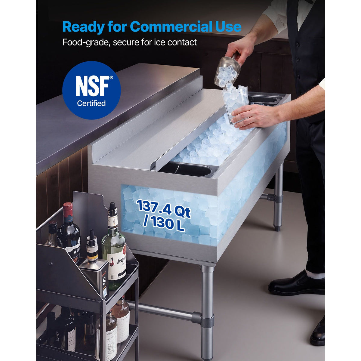 Commercial Ice Bin, 137.4 Qt Max Capacity, 48 x 19 x 33 Inch Stainless Steel Ice Chest with Sliding Lid and Bottle Holders, Cooler Cart Cocktail Unit for Bar Restaurant Pub, NSF Certified