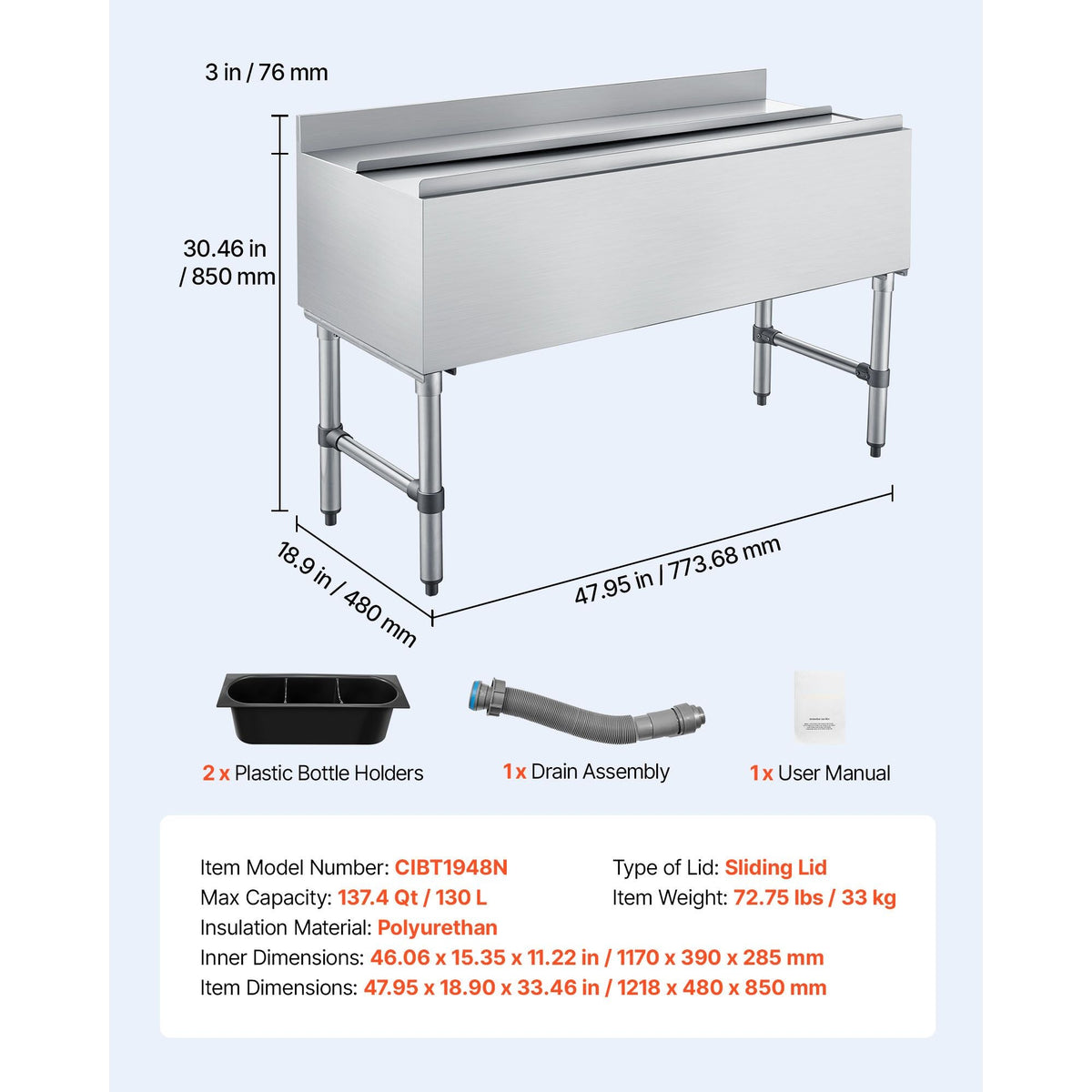 Commercial Ice Bin, 137.4 Qt Max Capacity, 48 x 19 x 33 Inch Stainless Steel Ice Chest with Sliding Lid and Bottle Holders, Cooler Cart Cocktail Unit for Bar Restaurant Pub, NSF Certified