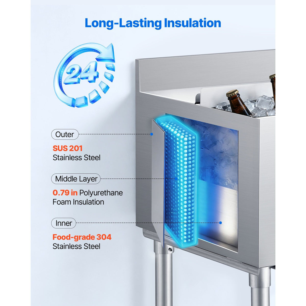 Commercial Ice Bin, 137.4 Qt Max Capacity, 48 x 19 x 33 Inch Stainless Steel Ice Chest with Sliding Lid and Bottle Holders, Cooler Cart Cocktail Unit for Bar Restaurant Pub, NSF Certified