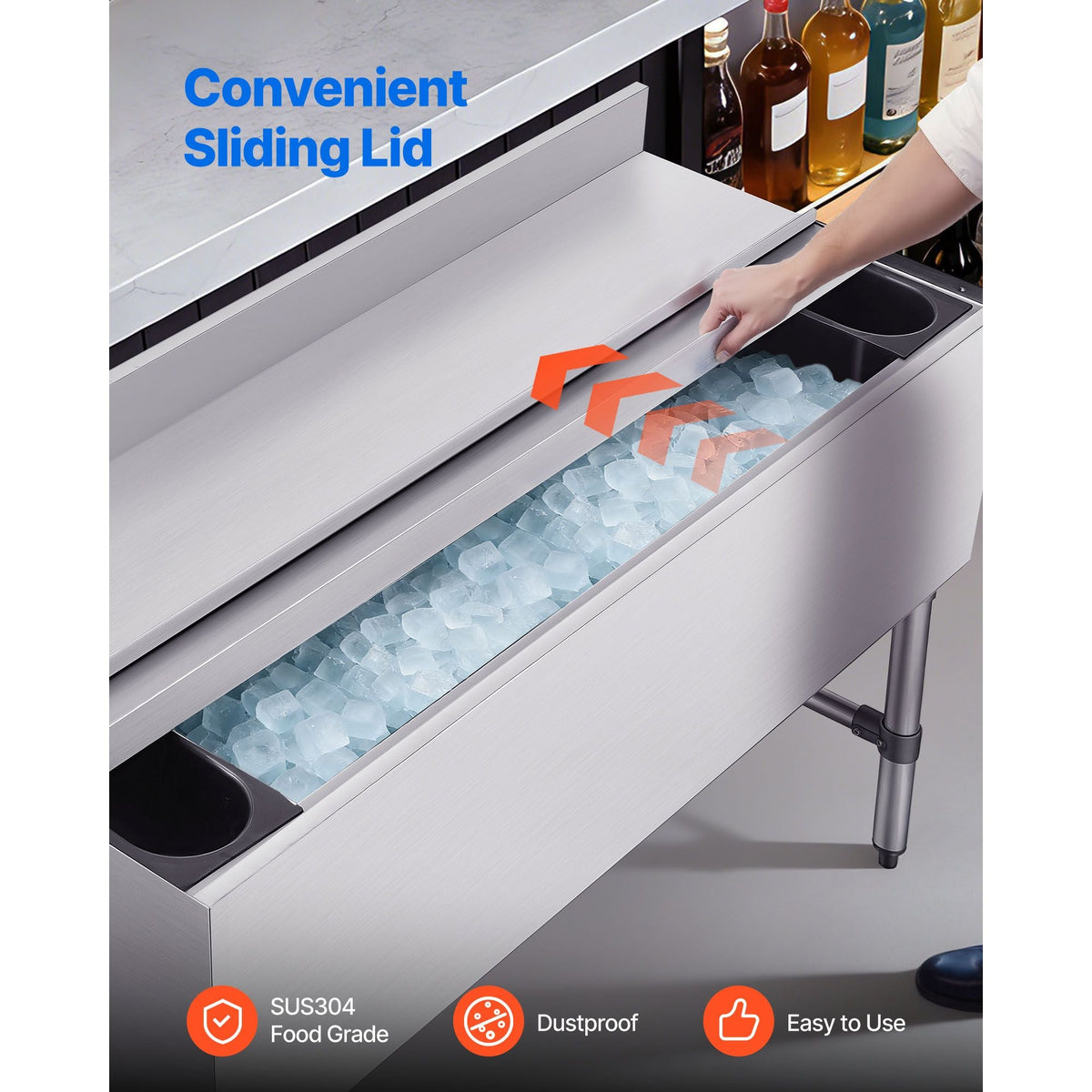 Commercial Ice Bin, 137.4 Qt Max Capacity, 48 x 19 x 33 Inch Stainless Steel Ice Chest with Sliding Lid and Bottle Holders, Cooler Cart Cocktail Unit for Bar Restaurant Pub, NSF Certified